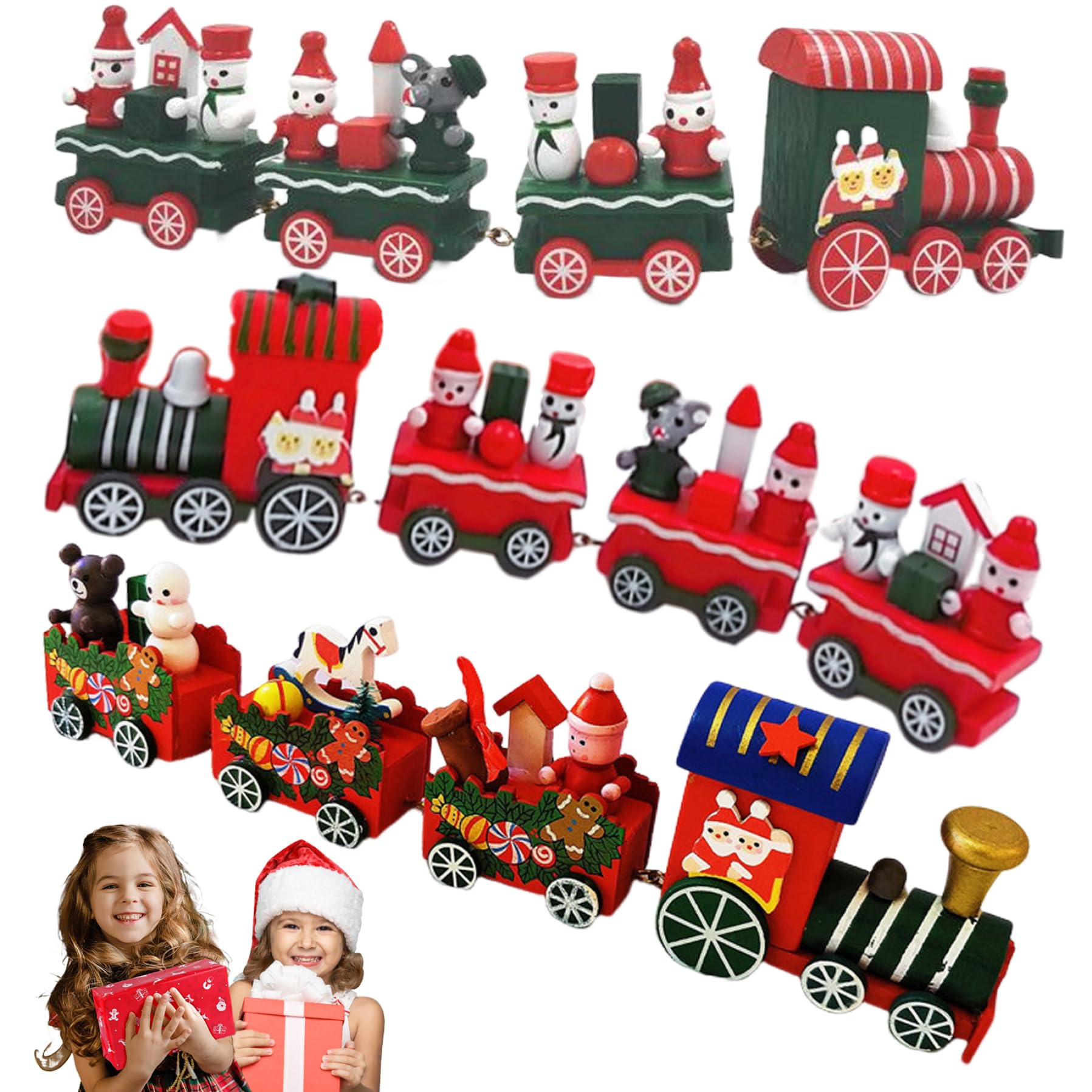 Tren navideño decorativo con adornos de mini tren de madera de 3 estilos para árbol de navidad