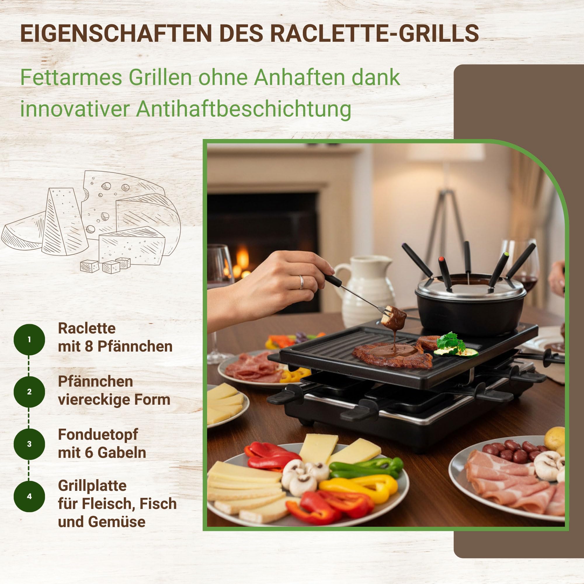 Syntrox Raclette Fondue 2in1 für 8 Personen, 1400 W, antihaft Grillplatte, 8 Pfännchen, 1,4 l Fondue-Topf, Thermostatsteuerung