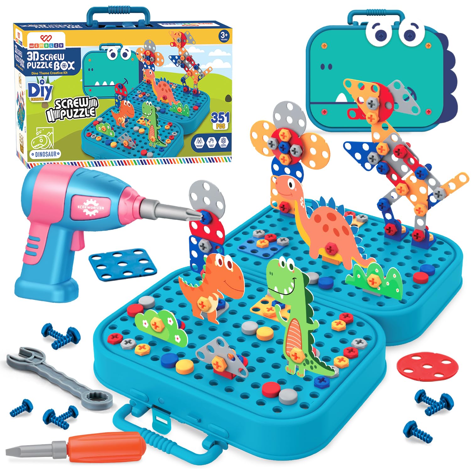 Wembley Electric Drill Screw Puzzle Set| Creative Dinosaur Themed Art Puzzle for Kids| 351 Pieces with Electric Screwdriver| 2D & 3D Building Block Kit| STEM Educational Activity Set for Boys & Girls