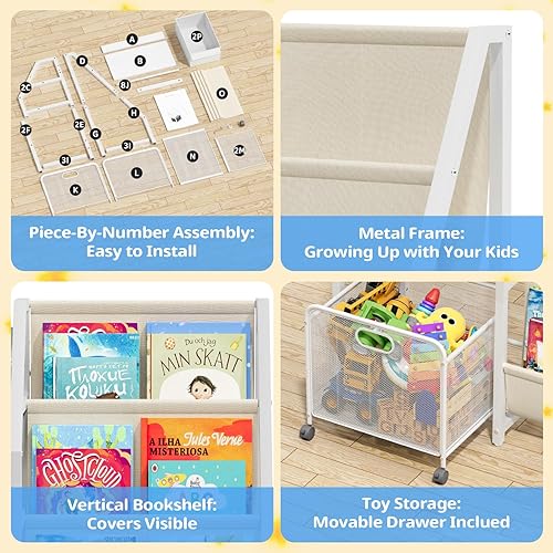 Miniatura 4 de Estantería para niños y organizador de almacenamiento de juguetes, estante de 3 niveles para habitaciones de niños con cajón móvil, estantería para