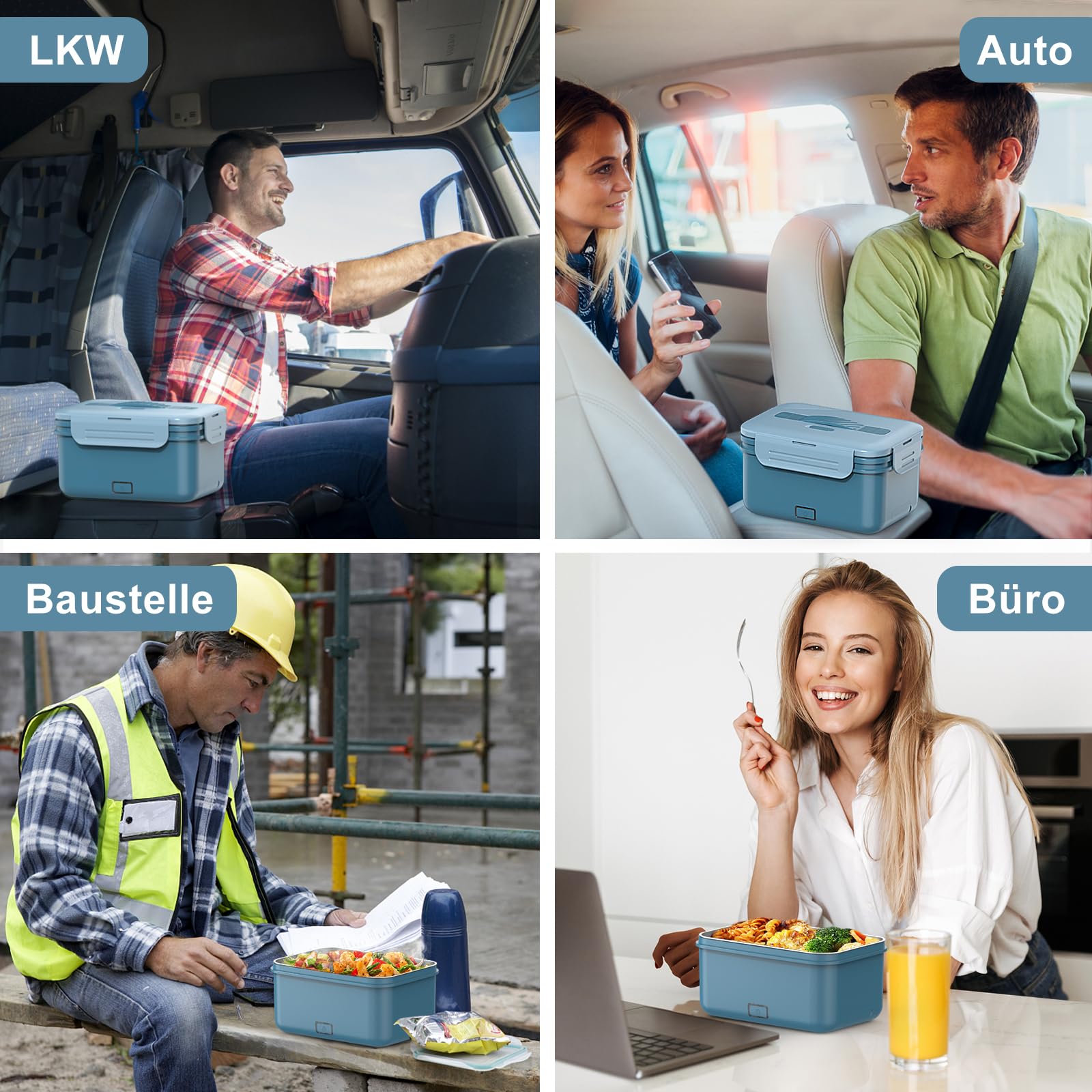 Vabaso Elektrische lunchbox voor volwassenen, 100 W, met bestek en geïsoleerde lunchtas, 12, 24 en 230 V, lekvrij, grote container van 1,8 l, met vakken voor auto, vrachtwagen