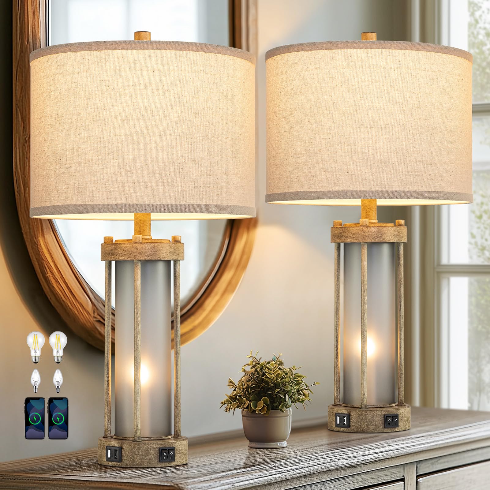 Farmhouse Tischlampen 2er Set für Wohnzimmer, Vintage Schlafzimmer Nachttischlampe mit Dual USB Ports, Nachttischlampe mit Milchglas Nachtlicht für Beistelltisch Eingang, 4 Glühbirnen enthalten