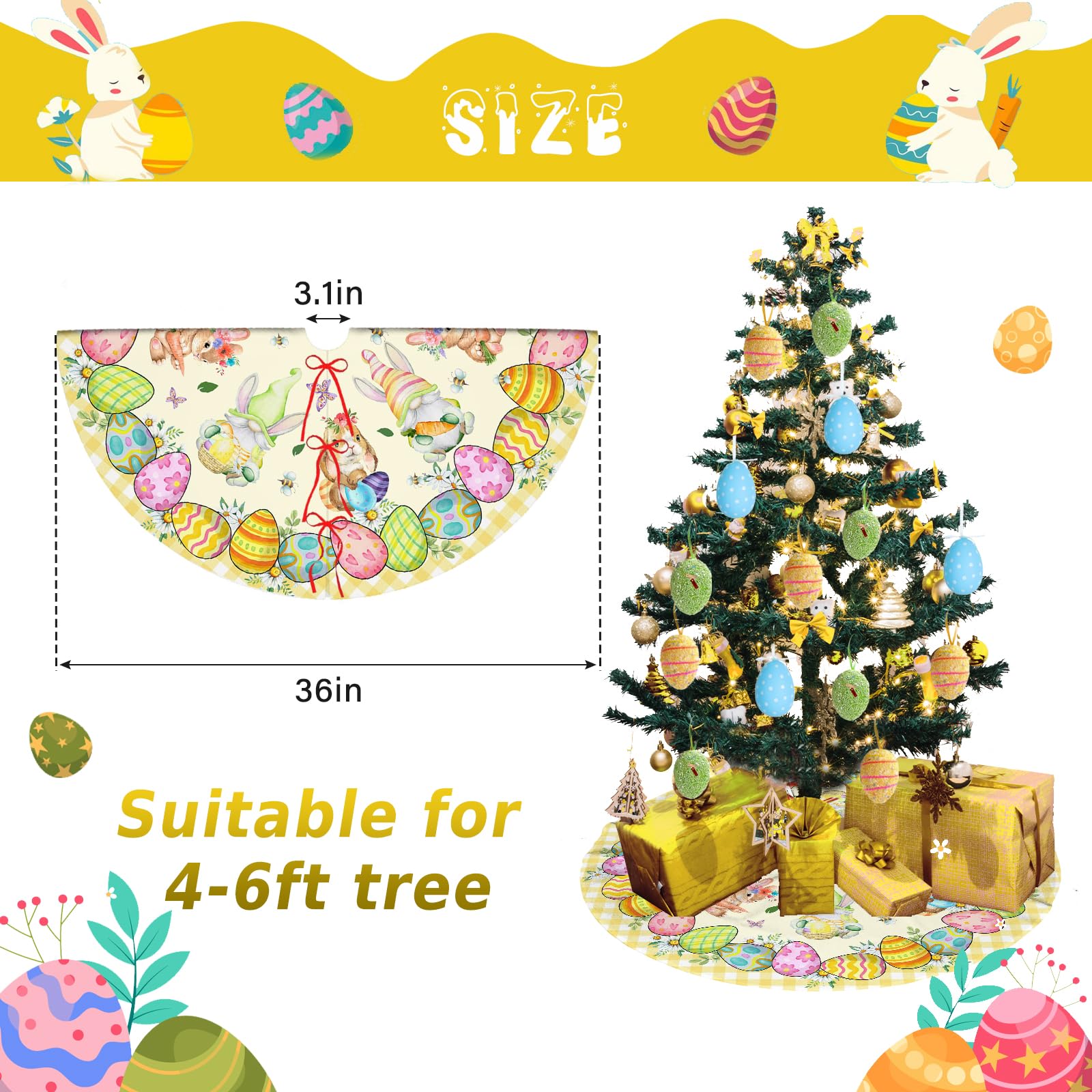 Easter Tree Skirt Bunny Eggs, Happy Easter Rabbit Gnome Xmas Tree Skirts Mat 36 Inch, Holiday Party Indoor Home Decor