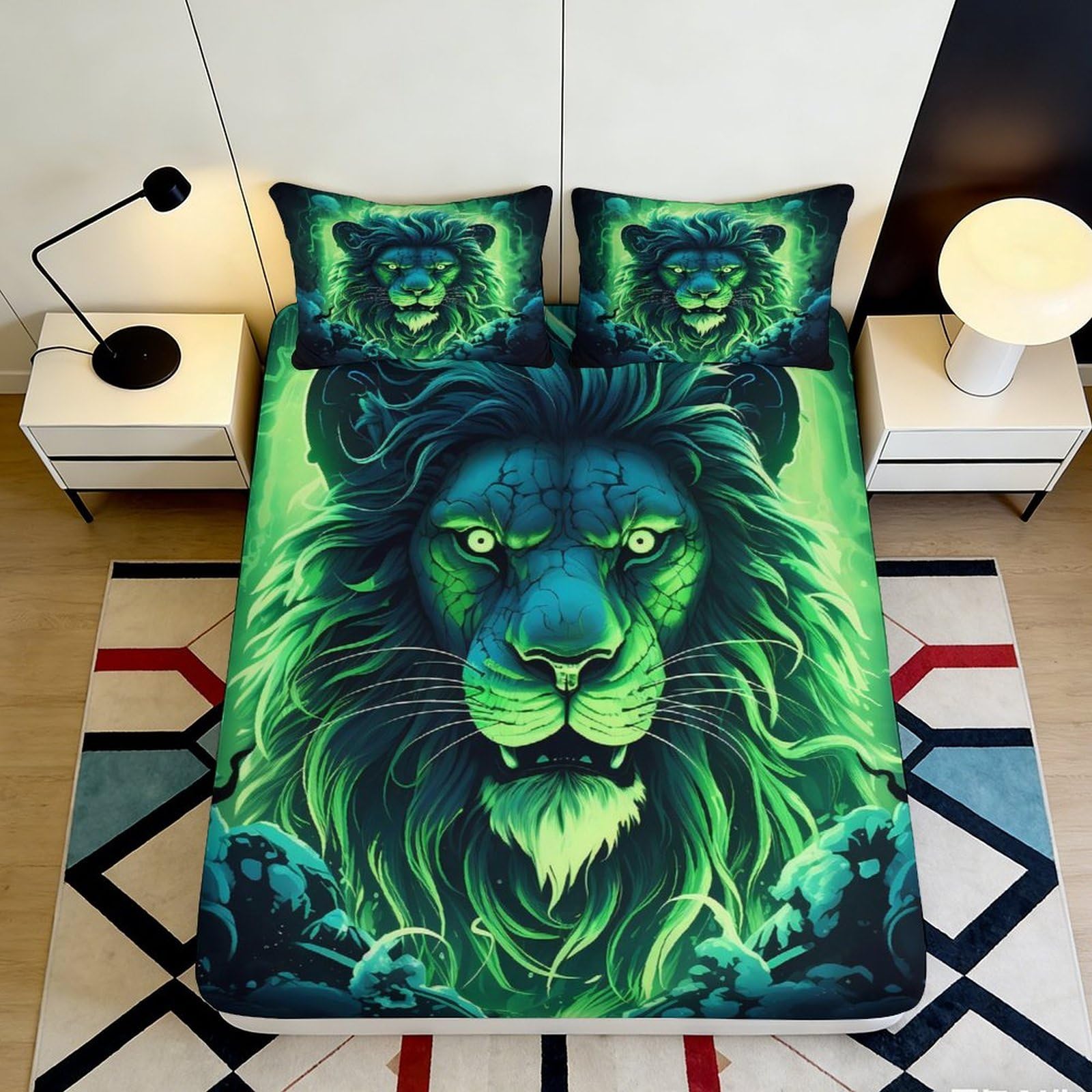 3D Printed Neon Green Lion Fitted Sheet Microfiber Soft Breathable 3D Printed Fierce Lion Mattress Cover for Bedroom Dormitory Guest Room Decor 200x200x25cm