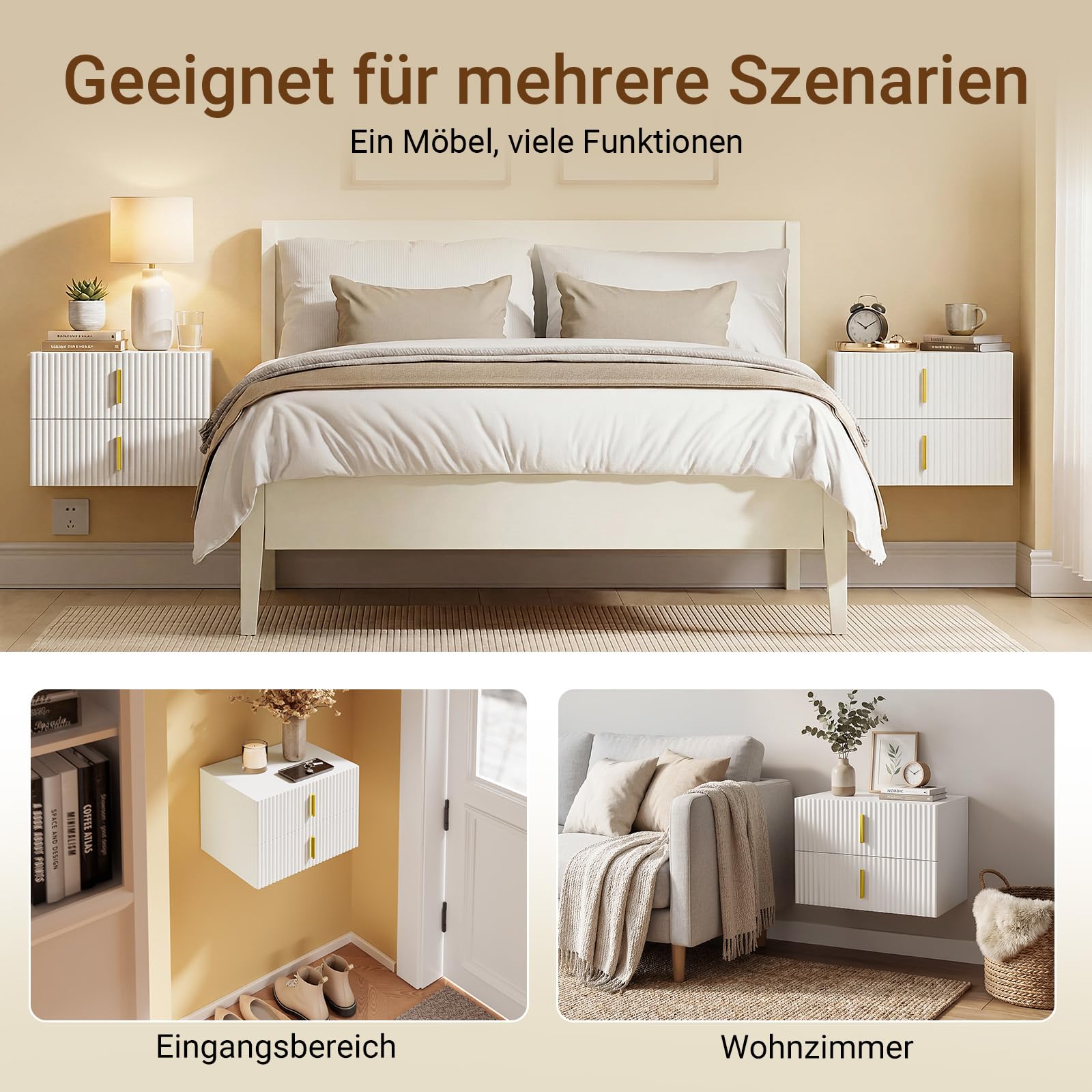 SoBuy Schwebender Nachttisch mit LED-Sensorleuchte, 2 Schubladen 40x30x30cm | Wandregal mit Wellenförmige schubladenfront und Goldgriff, PB+MDF, bis 18 kg, für Schlafzimmer Wohnzimmer Flur, FBT177-E-W