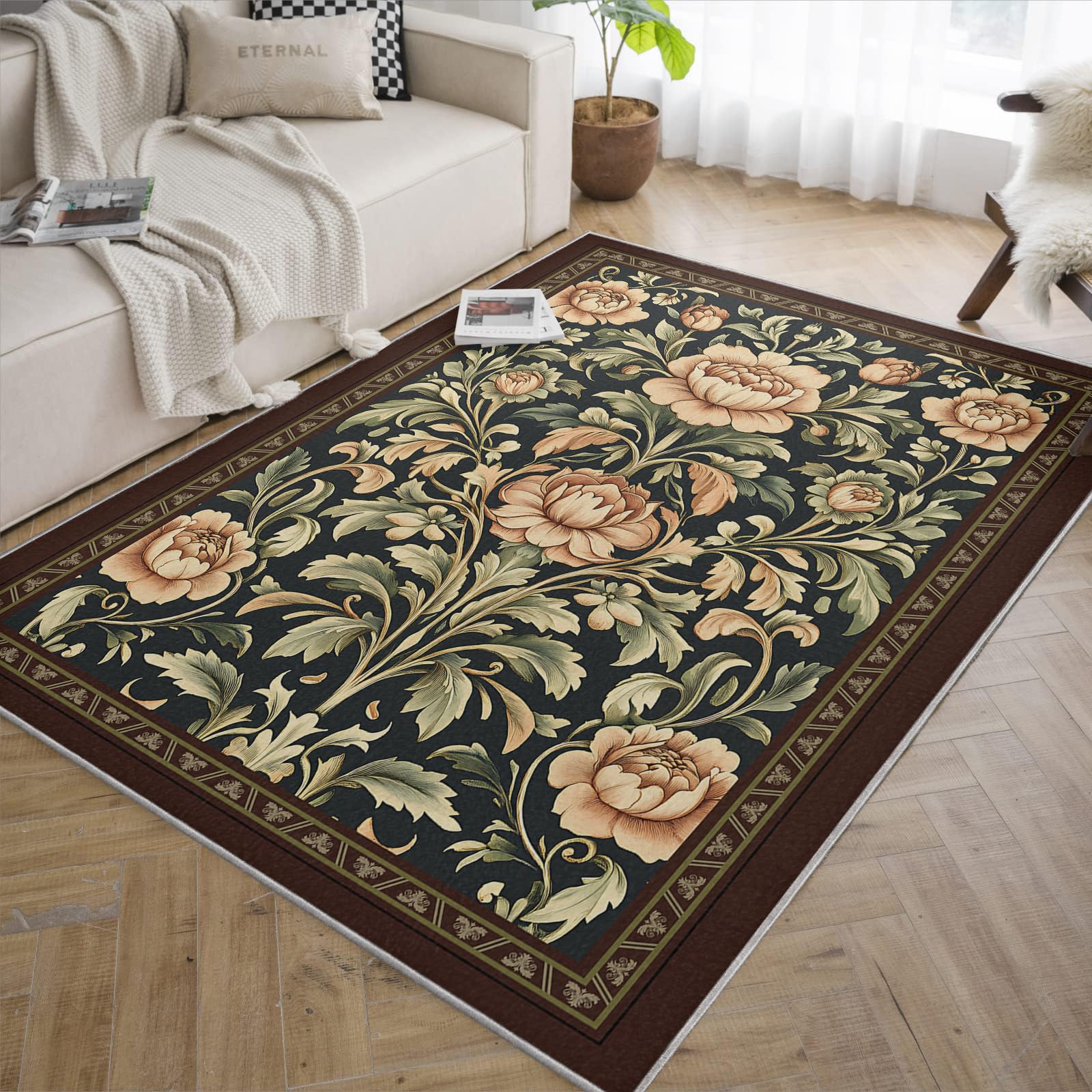 Luksusowe dywaniki tarasowe 100 x 150 cm brązowe obramowanie orientalny wzór piwonii cienki dywan do sali konferencyjnej klasyczny kwiatowy estetyczny wystrój zmywalny