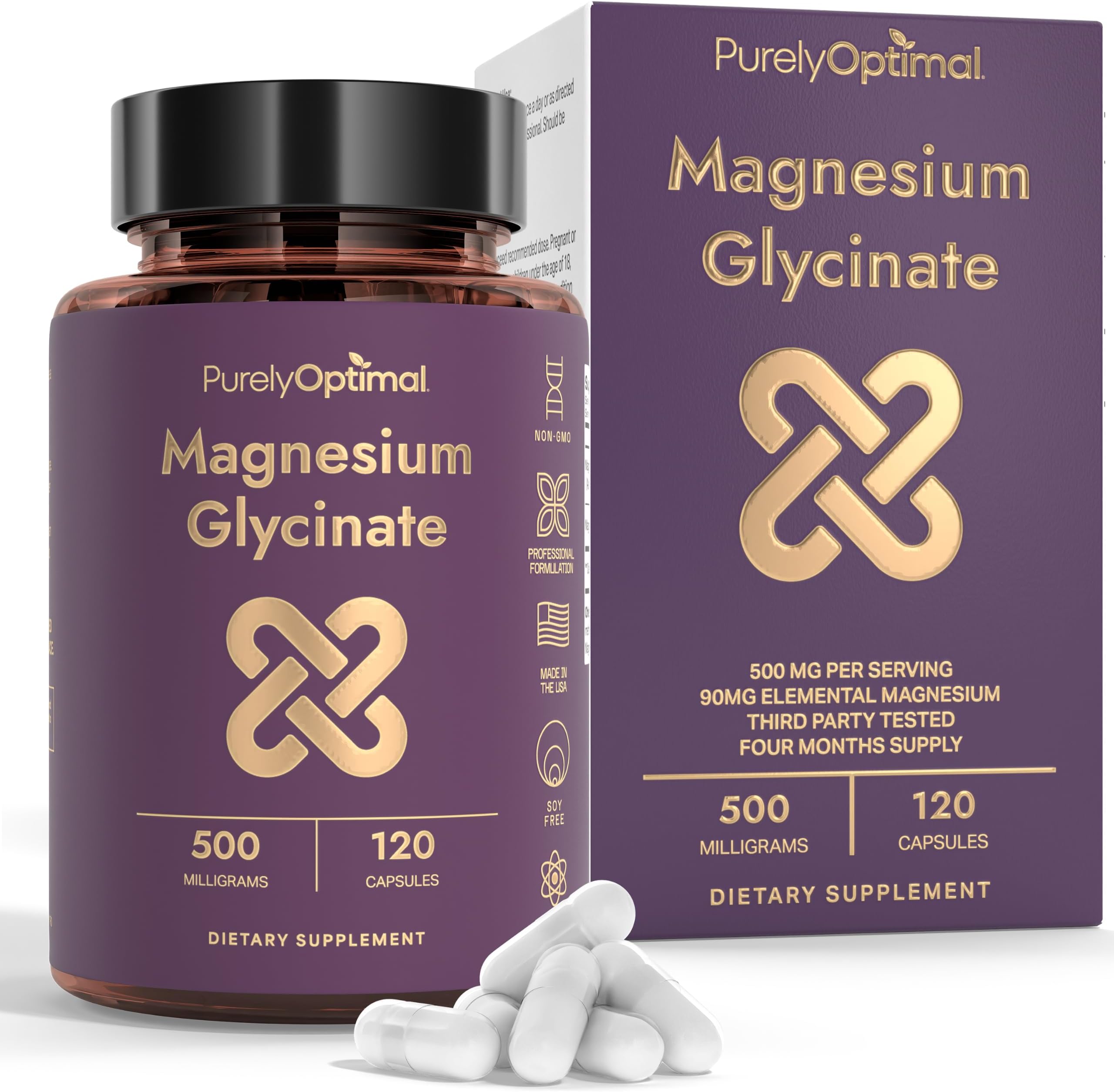 Purely Optimal Magnesium Glycinate 500mg โ Sleep Support & Stress Relief โ Gentle, High Absorption Magnesium Supplement for Muscle Relaxation, Calm & Nerve Support โ 120 Capsules