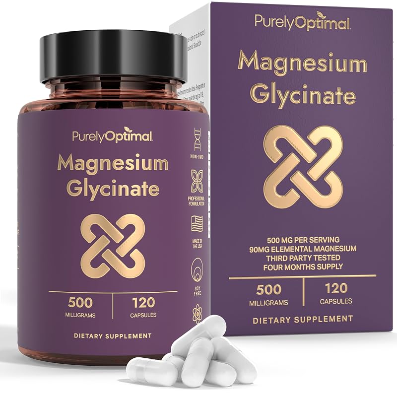 Purely Optimal suplemento de magnésio glicinato 500 mg, 120 cápsulas