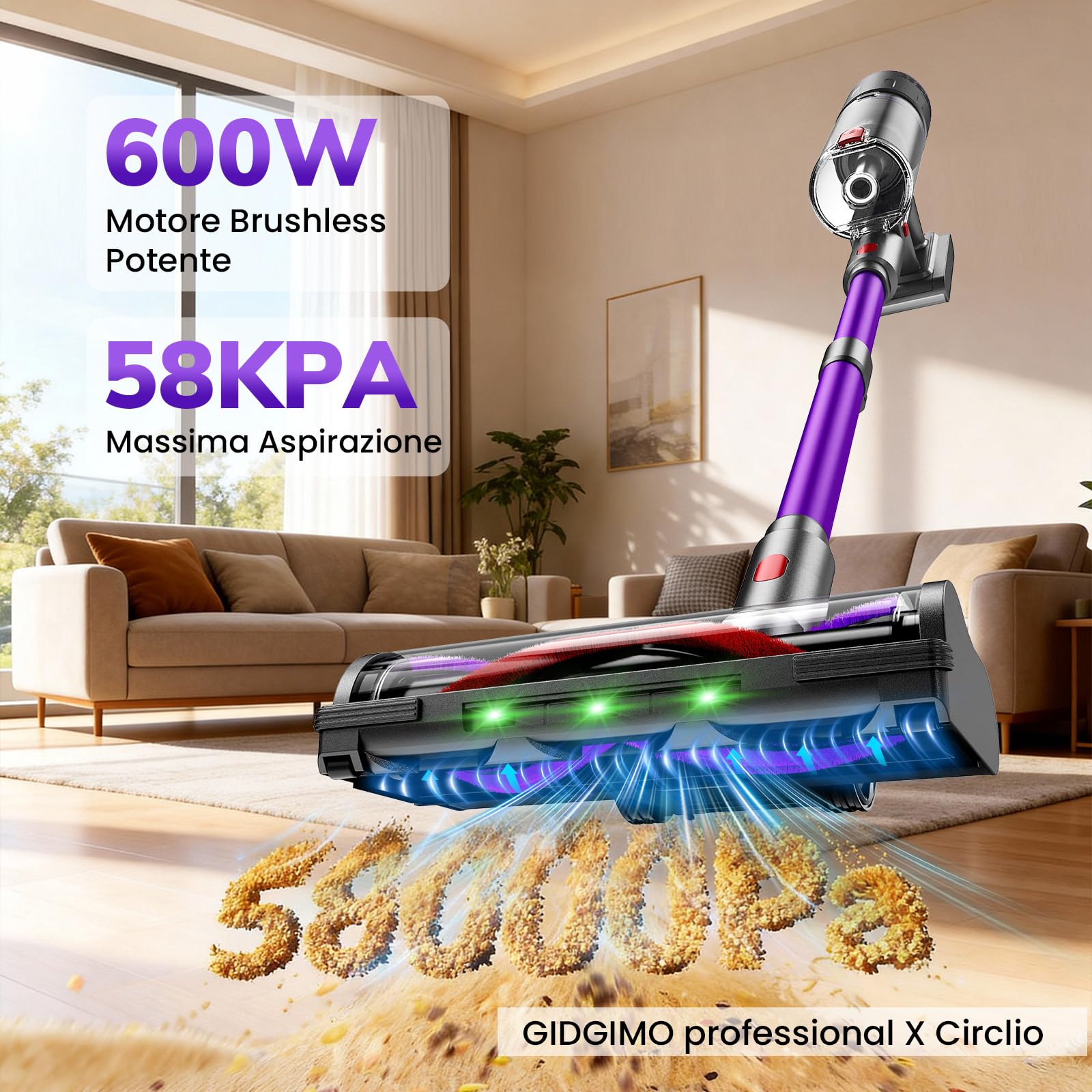 GIDGIMO professional X Circlio Aspirapolvere Senza Fili 58KPa/600W/75Min, Scopa Elettrica Senza Fili Verticale Antigroviglio con Display a LED, Ricaricabile a Parete, Per Animali/Pavimenti/Tappeti