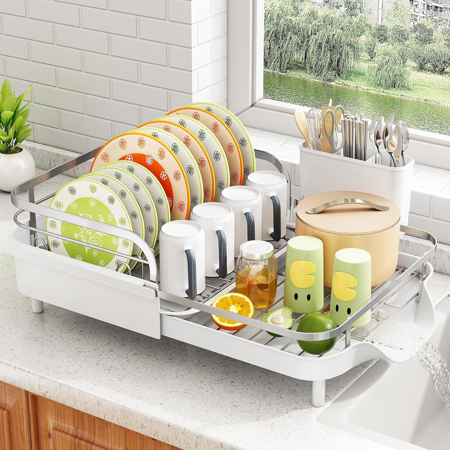 SAYZH Dish Drying Rack - Expandable Dish Rack for Kitchen Counter, Rust-Resistant Dish Drainer with Utensil Holder and Raised Guardrail, Kitchen Organizer for Cup and Bottle (White)
