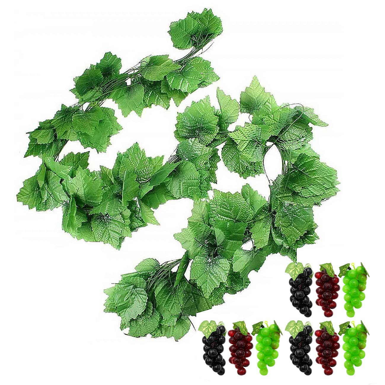 12 Strands 90 ft Artificial Fake Grape Vines with 9 Strings Grapes, Hanging Plant Large Leaves Garland for Wedding Party Store Home Christmas Decor Indoor Outdoor Garden