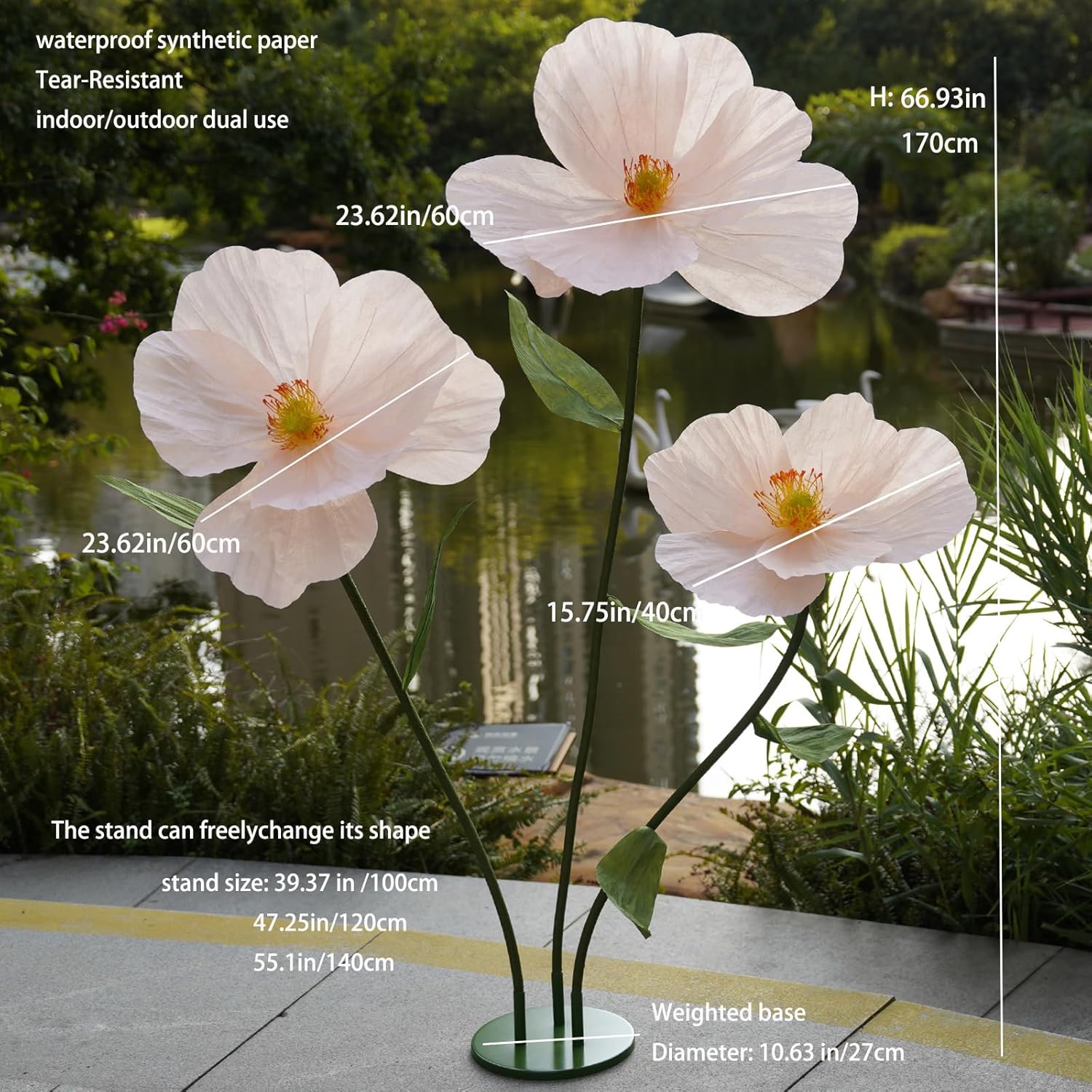 Large Paper Artificial Flowers,Giant Flowers for Decoration,Huge Handcrafted Poppy Fake Flowers with Stand for Home Decor Bridal Shower Party Outdoors Yard Event Backdrop Decor (Champagne) - Image 2