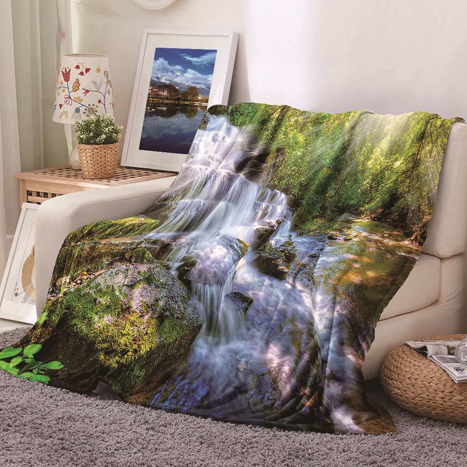 Couverture plaid flannel 180x200cm jeté de lit imprimé nature tapis de canapé douillet vert