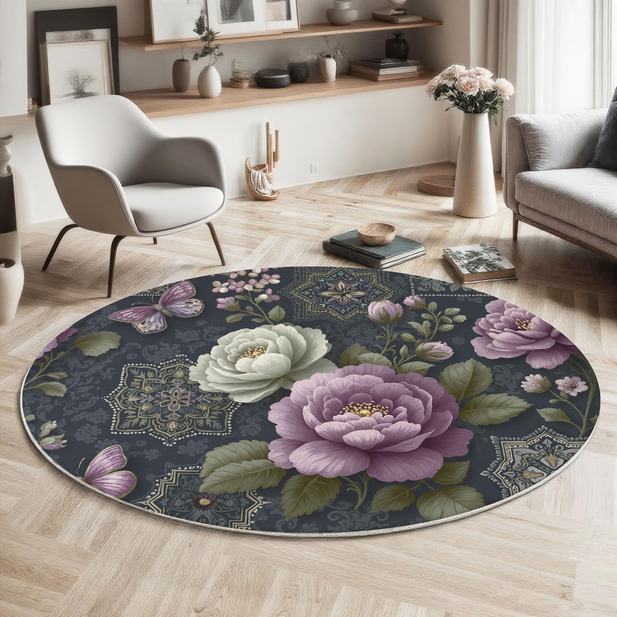 Tapis Rond Salon Papillon Floral Rétro, 200cm Tapis de Sol Mandala Patchwork Antidérapant Doux avec Bords Cousus pour Chambre Bureau L'intérieur Décorer, Gris Anthracite