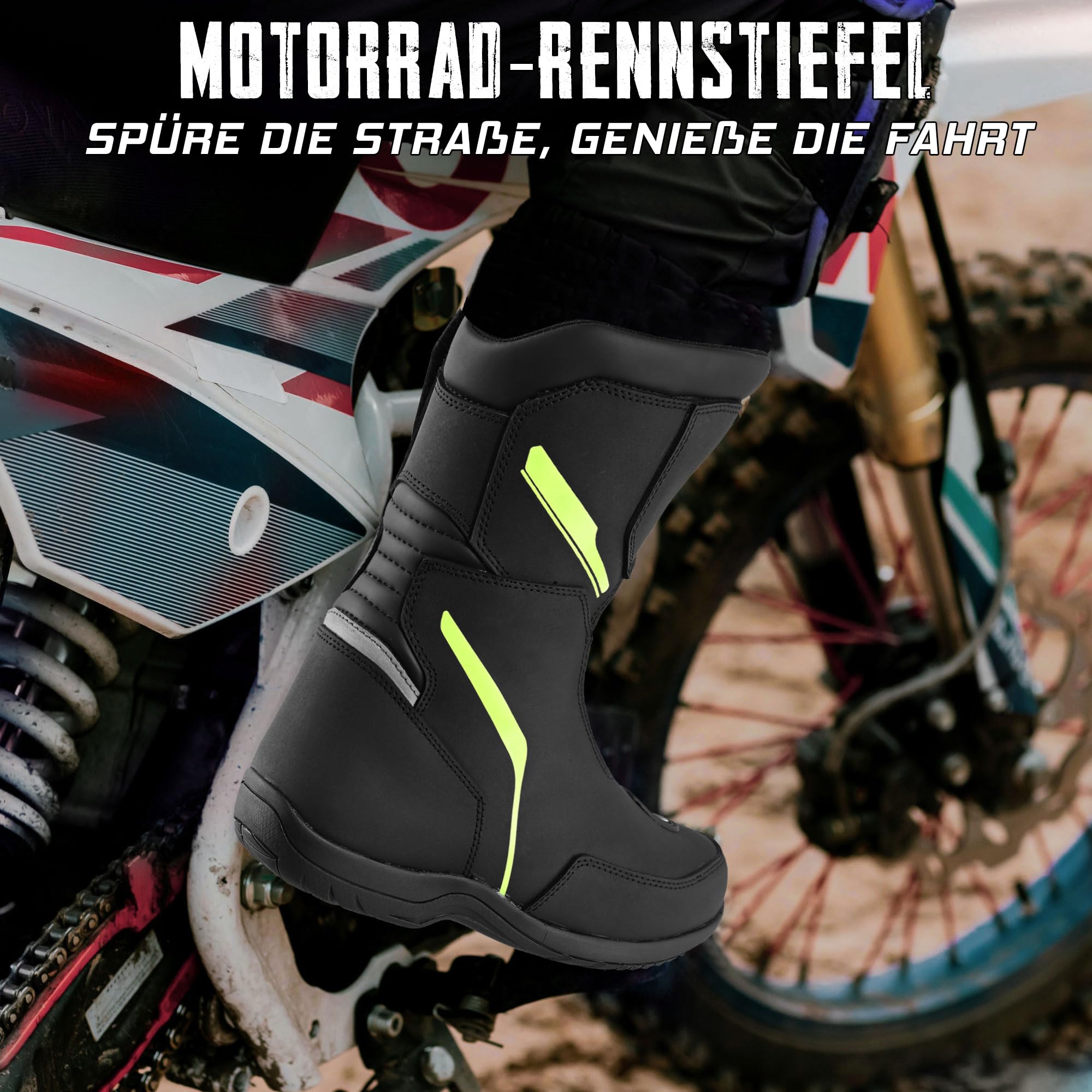 Motorradstiefel für Herren, wasserdicht, verstärkt und leicht, rutschfeste Gummisohle, Knöchel- und Fersenschutz, CE-reflektierende Details