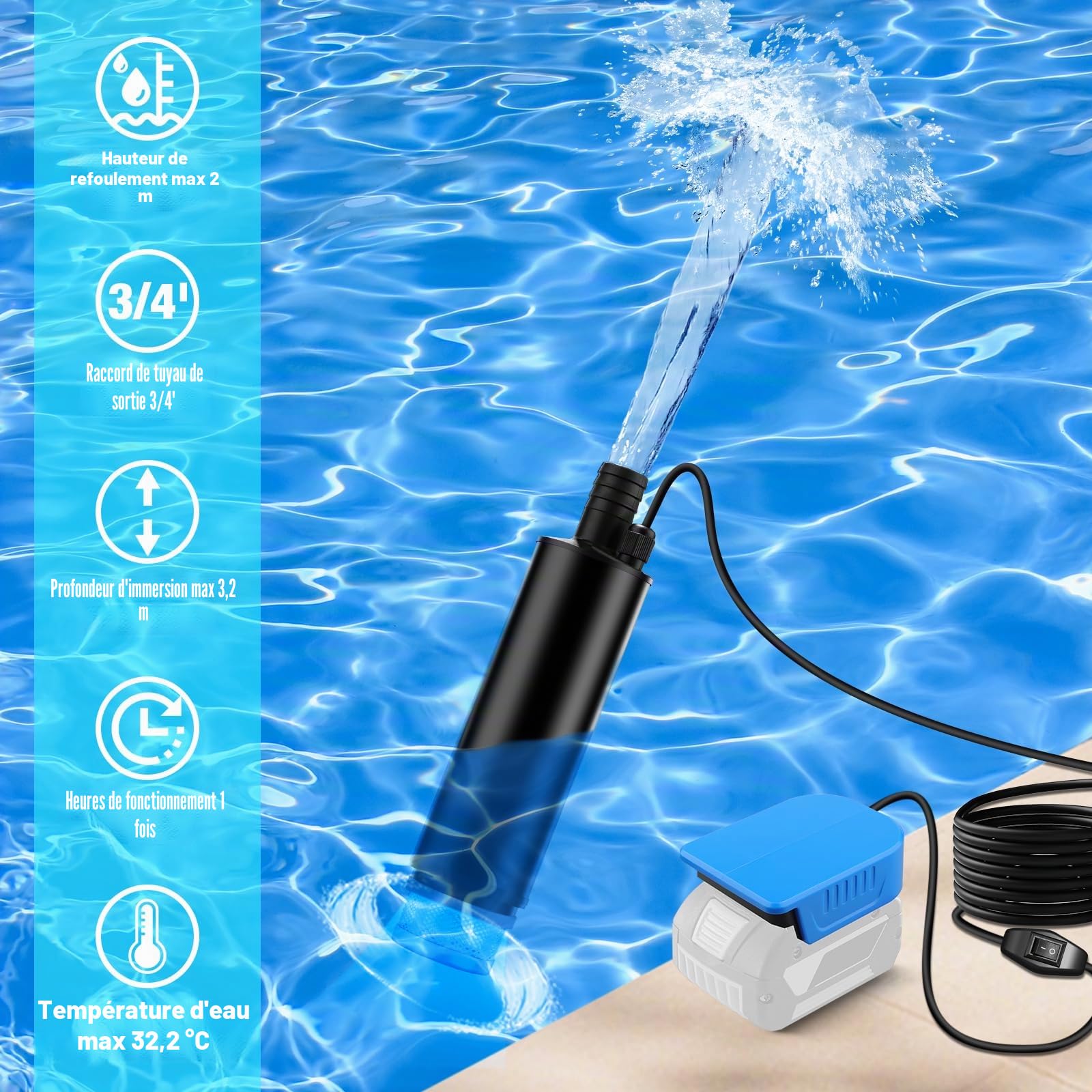 TPDL Pompe à eau pour batterie Bosch Professional 18 V BAT, 120 W 12 V, avec câble de 5 m et interrupteur, pompe d'aspiration d'huile portable, submersible pour Gardena, piscine, jardin, lavage de