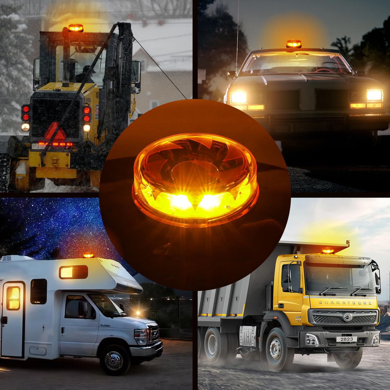 Luce di segnalazione ambra a LED, 16LEDs 12/24V lampada lampeggiante arancione 4 flash e 2 modelli rotanti per macchine agricole, veicoli commerciali, scuolabus, camion escavatori trattore