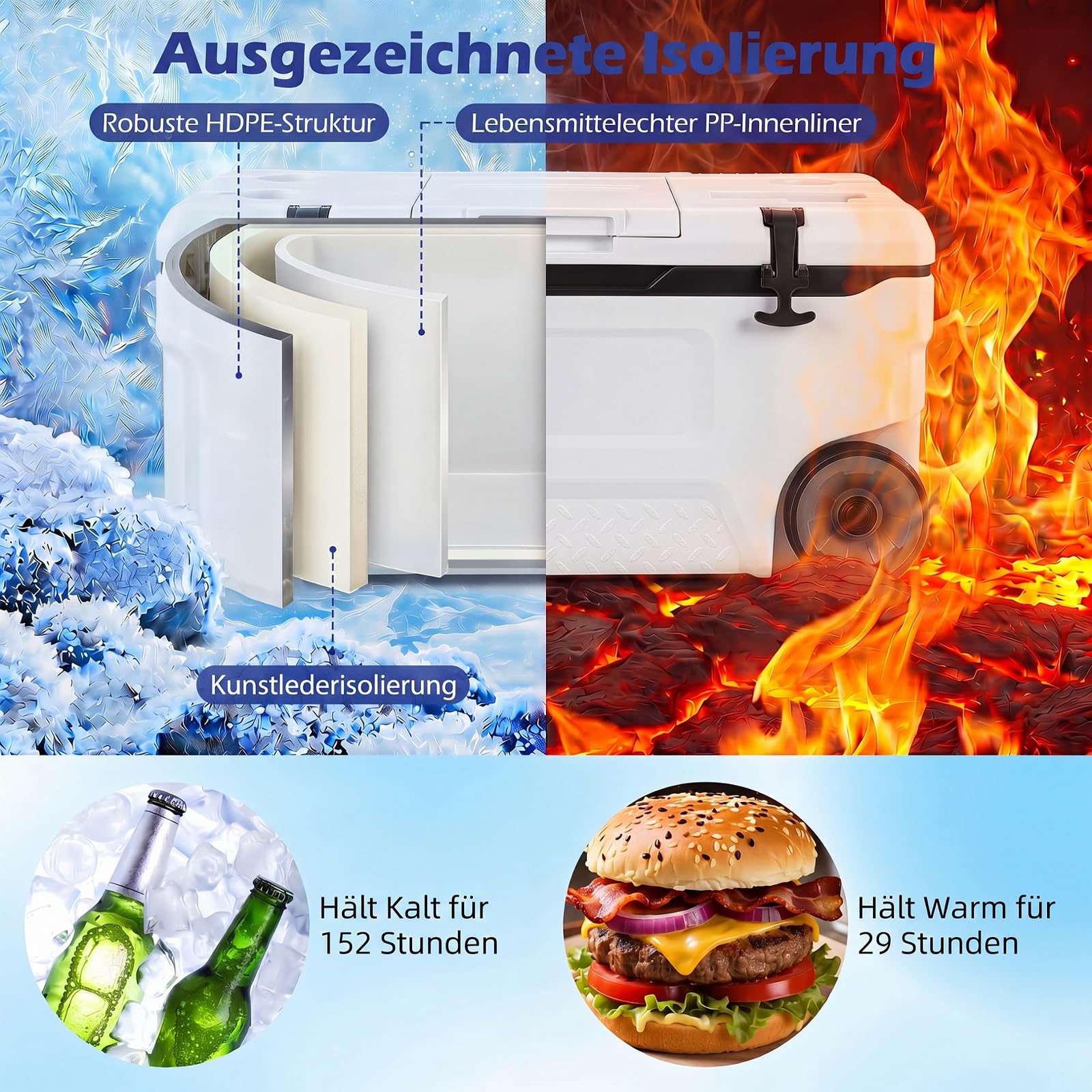 COSTWAY Kühlbox, Große Thermobox aus Kunststoff mit Rollen & Griff, Isolierbox mit Ablaufstopfen, Getränkehalter & Sicherheitsverschluss, tragbarer Kühlschrank für Camping & Picknick