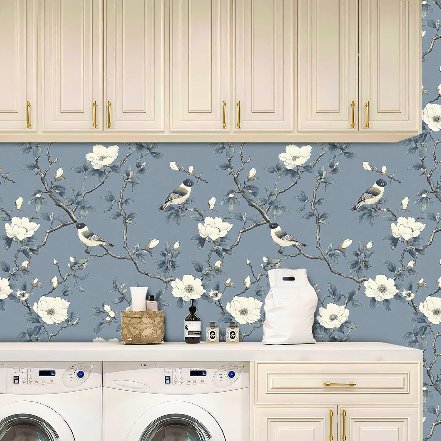 Blue Magnolia Bird Peel and Stick Wallpaper – Vintage Floral Branch Design for Home Decor | Self-Adhesive, Waterproof Vinyl, 17.7" x 118"