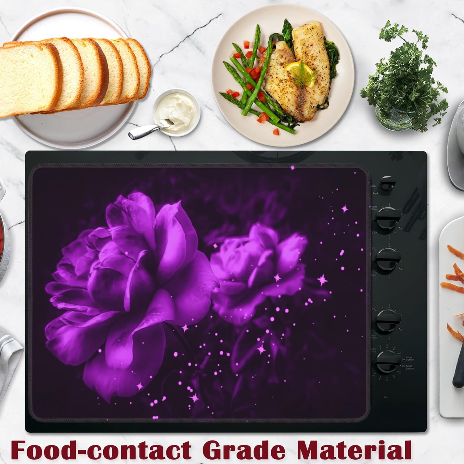 Purple Rose Flower Stove Top Cover for Electric, Glass Ceramic Stove Cover, Heat Resistant Flat Stovetop Protector, Dish Drying Mats for Kitchen
