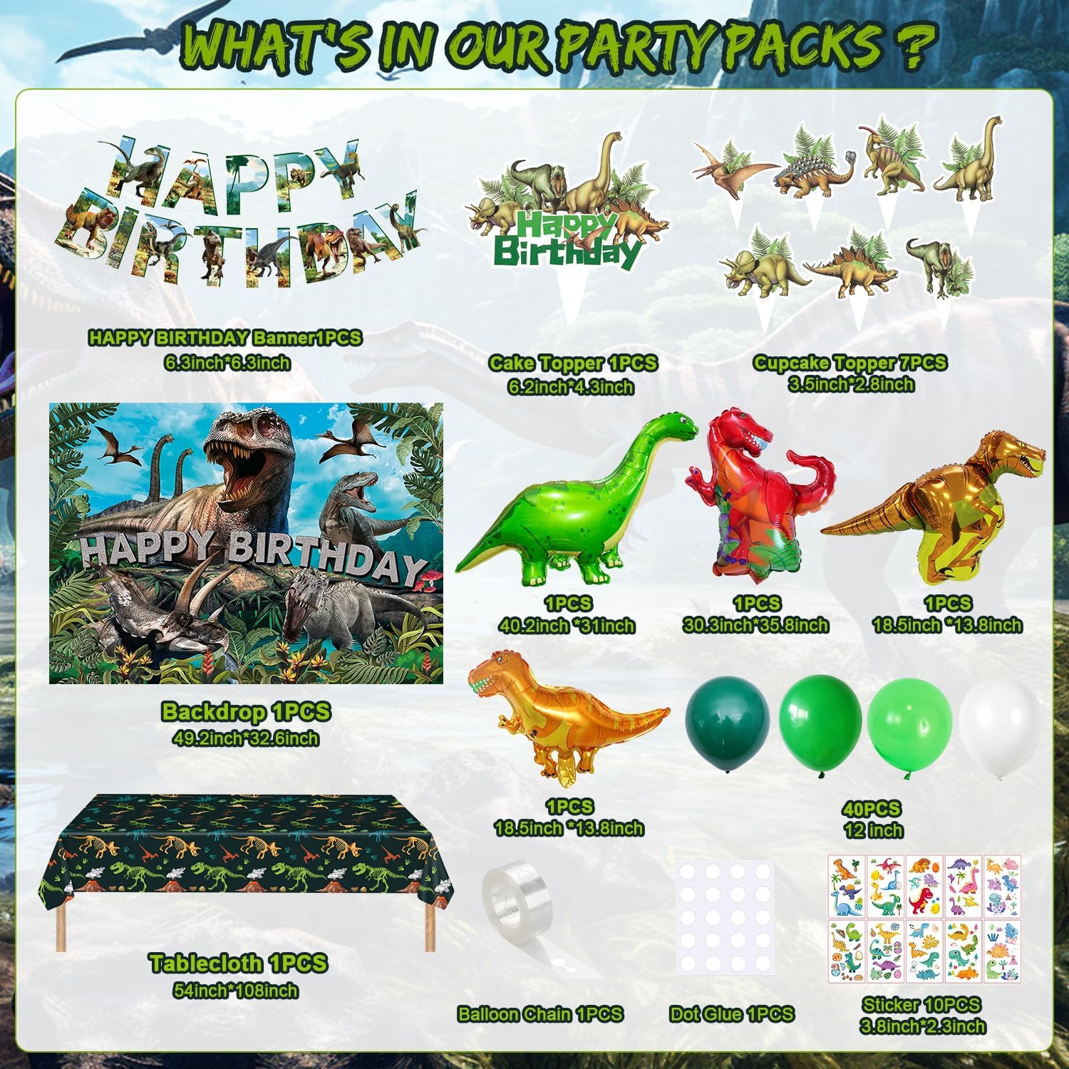 Dinosaur Birthday Party Decorations Kit for Boys - Dino Party Supplies with Tablecloth, Banner, Backdrop, Cake Topper, Balloons & Stickers for Kids