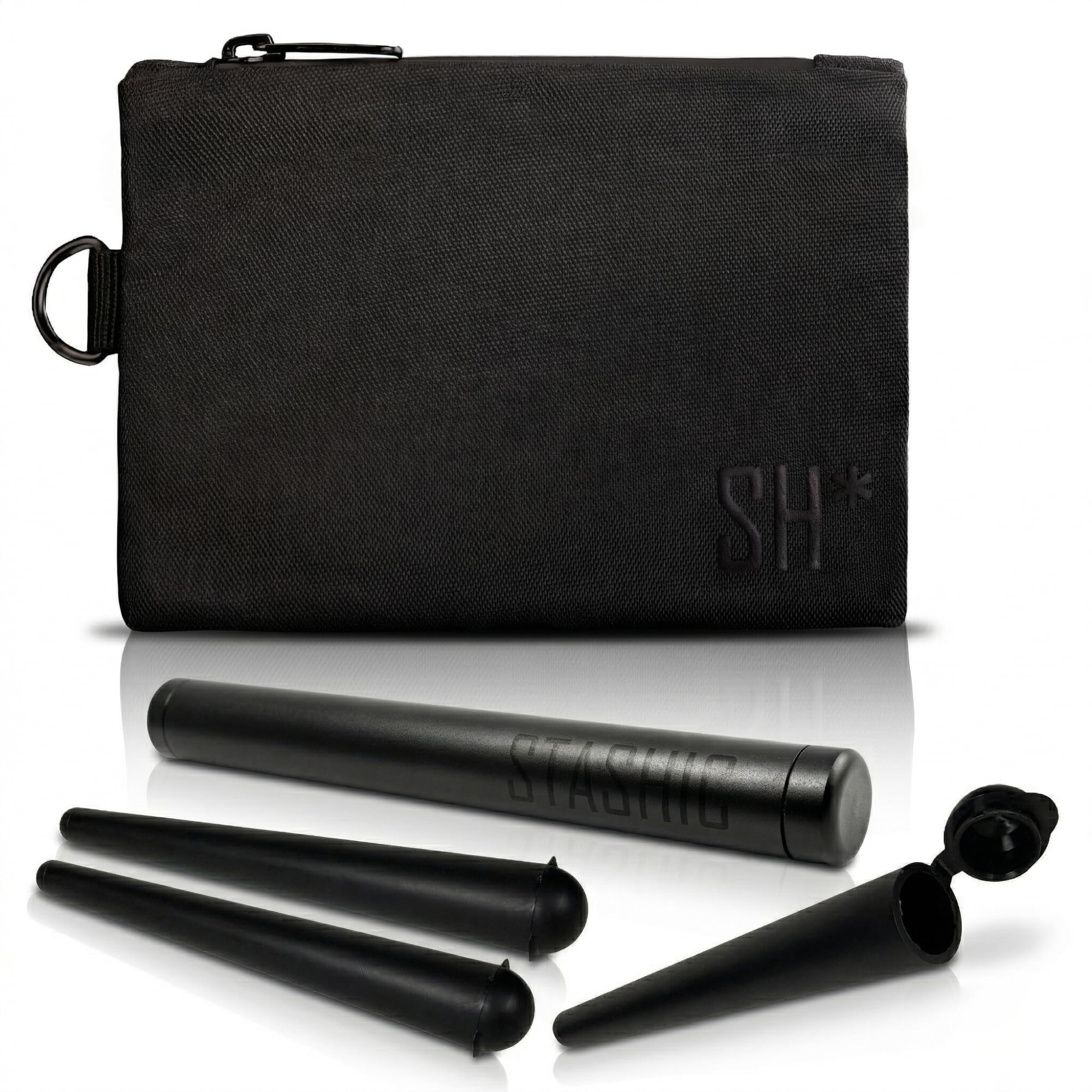 Stashic Unisex Black Pouch + Tubes Smell Proof Bag Kit - Mini Pouch + Xl Metal Tube + 3 Plastic Tubes - 8 Layer Activated Carbon Lining - Sh* (Black Pouch + Tubes)