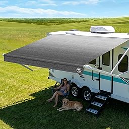19.5oz Heavy Duty RV Awning Fabric Replacement, 5-Layer Rip-Stop No-Hole Vinyl Awning, Waterproof UV-Resistant RV Canopy for Camper, Trailer & Motorhome, Universal Fit 17FT (Fabric 16'2")