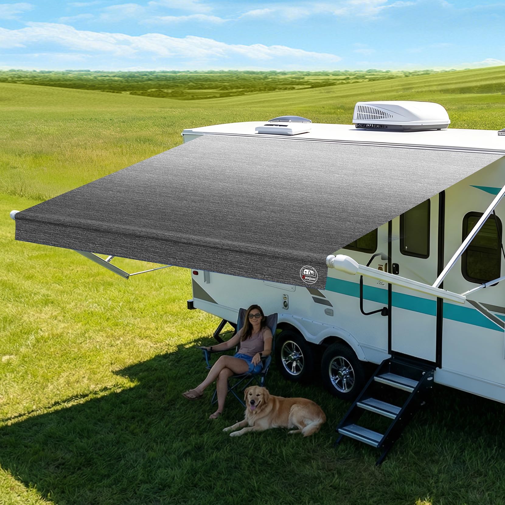 19.5oz Heavy Duty RV Awning Fabric Replacement, 5-Layer Rip-Stop No-Hole Vinyl Awning, Waterproof UV-Resistant RV Canopy for Camper, Trailer & Motorhome, Universal Fit 17FT (Fabric 16'2") - 1