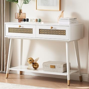EDYO LIVING Mid Century Modern Console Table with 2 Drawers and Open Shelf, Narrow Wood Entryway Table for Living Room, Hallway, Bedroom, Foyer White