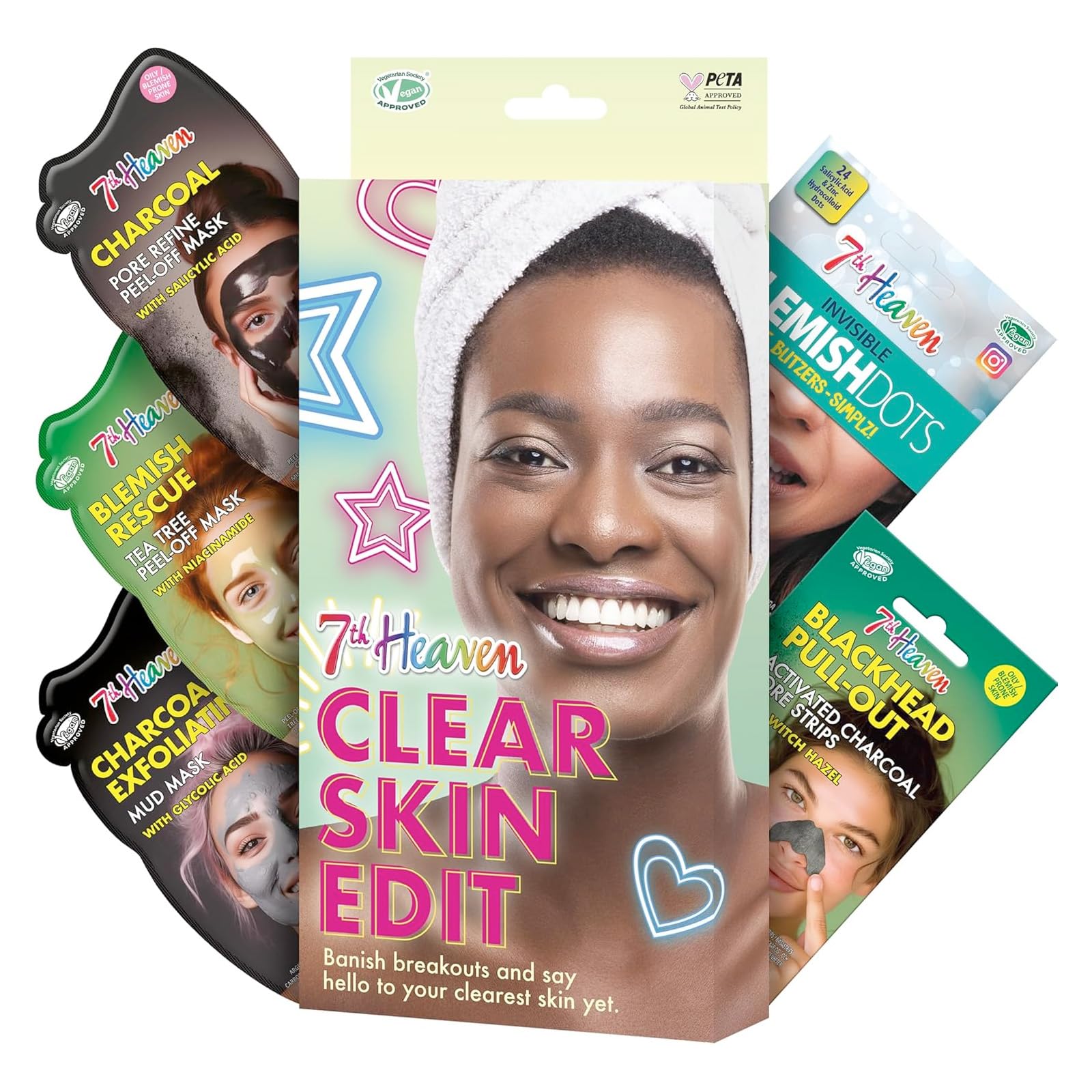 7th Heaven Clear Skin Edit Skincare Kit - 3 Face Masks, Nose Pore Strips and Blemish Dots