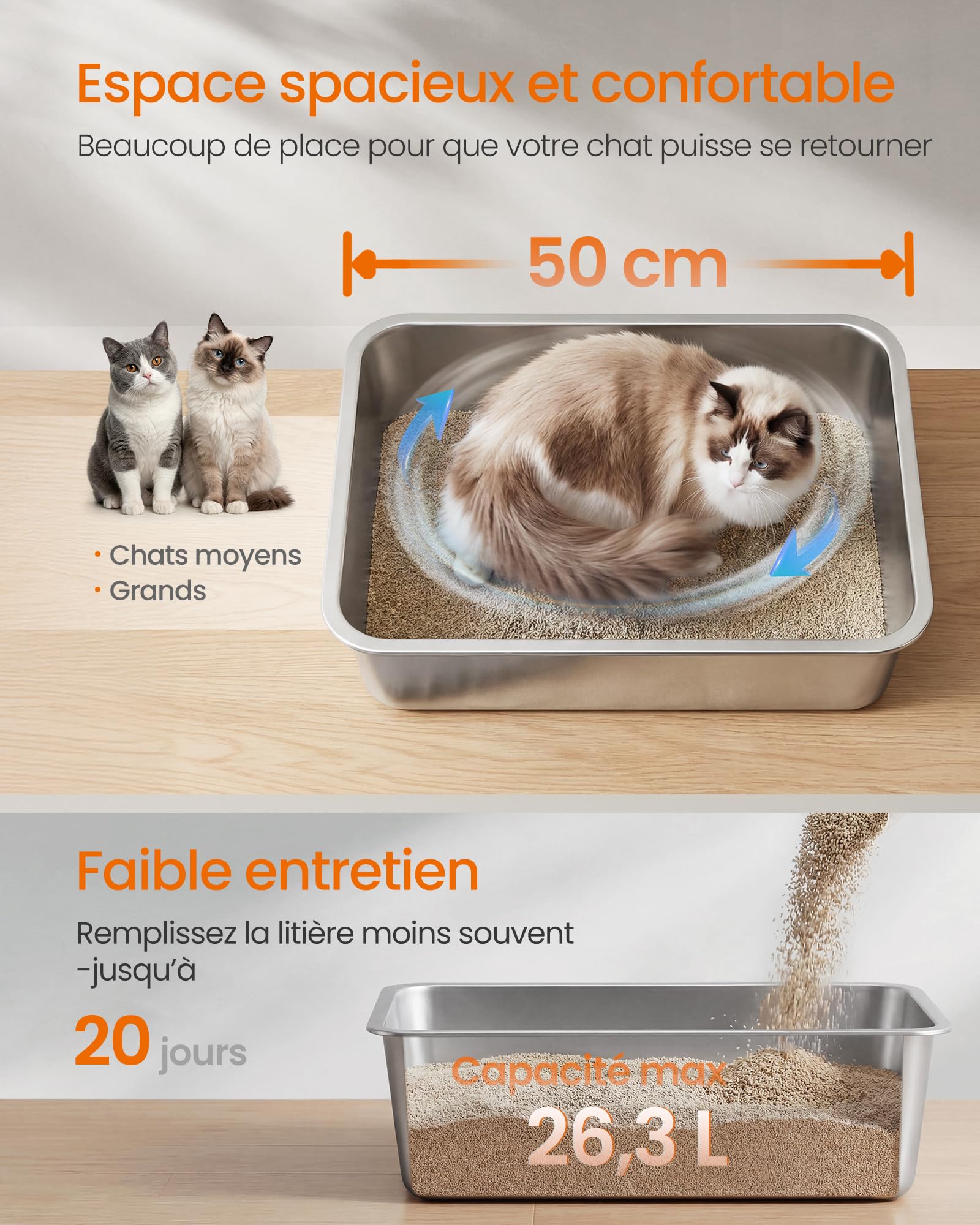 Feandrea Bac à Litière pour Chat en Acier Inoxydable, Litière Ouverte avec Pelle, Argent, 50 x 35 x 15 cm, pour Chats de Taille Moyenne et Grande PPT016E101