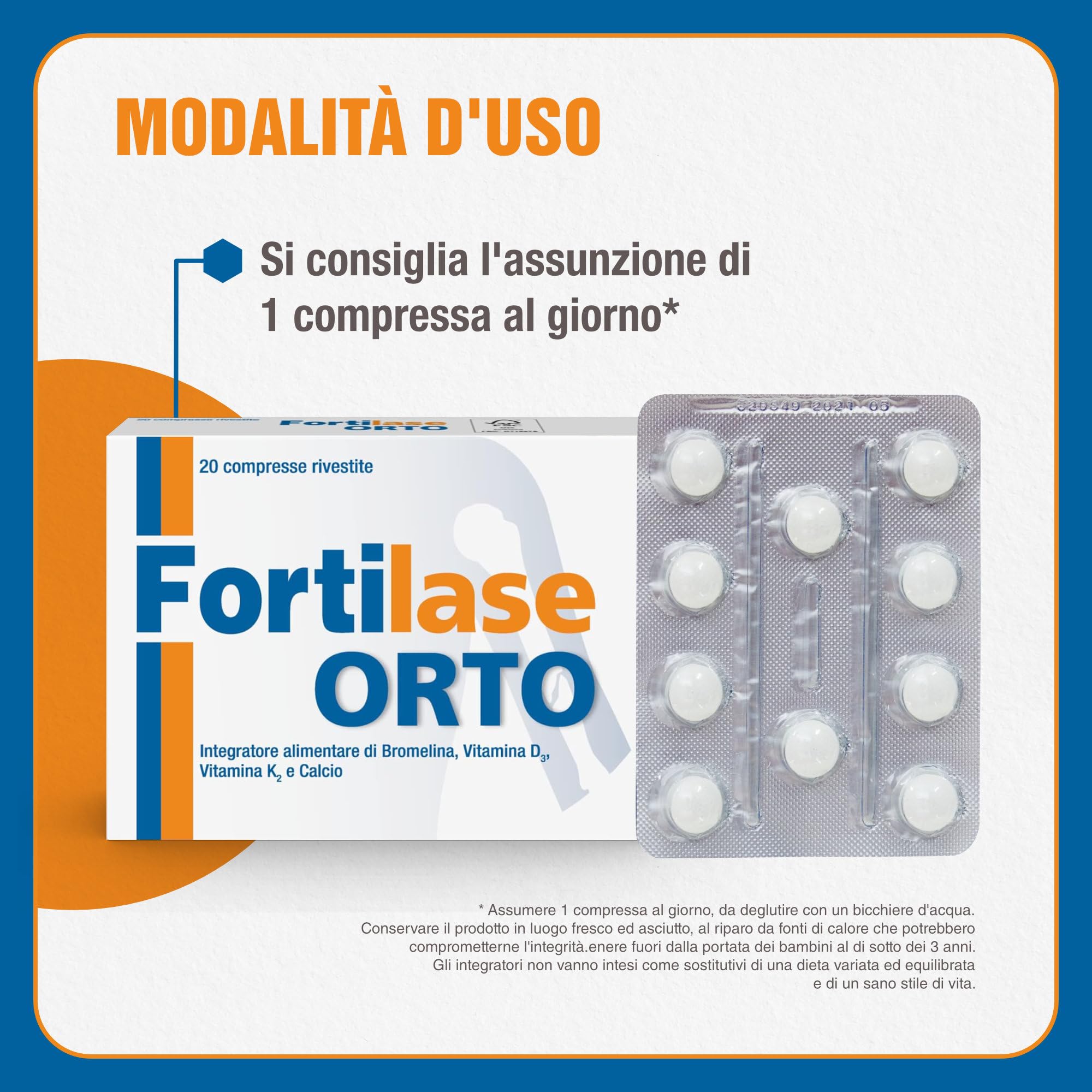 Fortilase Orto, 20 Compresse, Integratore Alimentare di Bromelina, Vitamina D3, Vitamina K2 e Calcio, Supporta il Sistema Osseo e Articolare