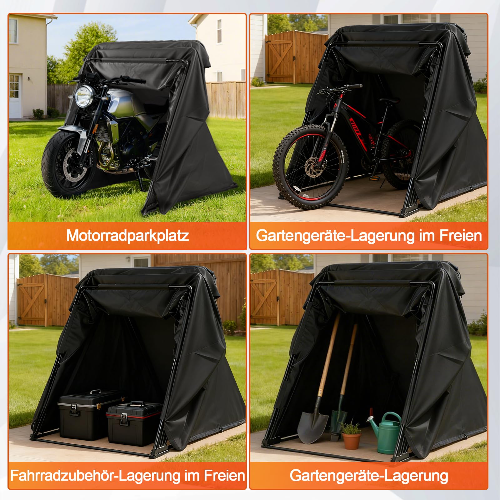 Motorrad Zelt Garage, 280x120x150 cm Schwarz Faltgarage Motorradgarage Oxford-Stoff mit Metallrahmen Universal Faltgarage Zeltgarage Motorradgarage Schutzplane für Motorräder Motorroller Fahrräder Kin