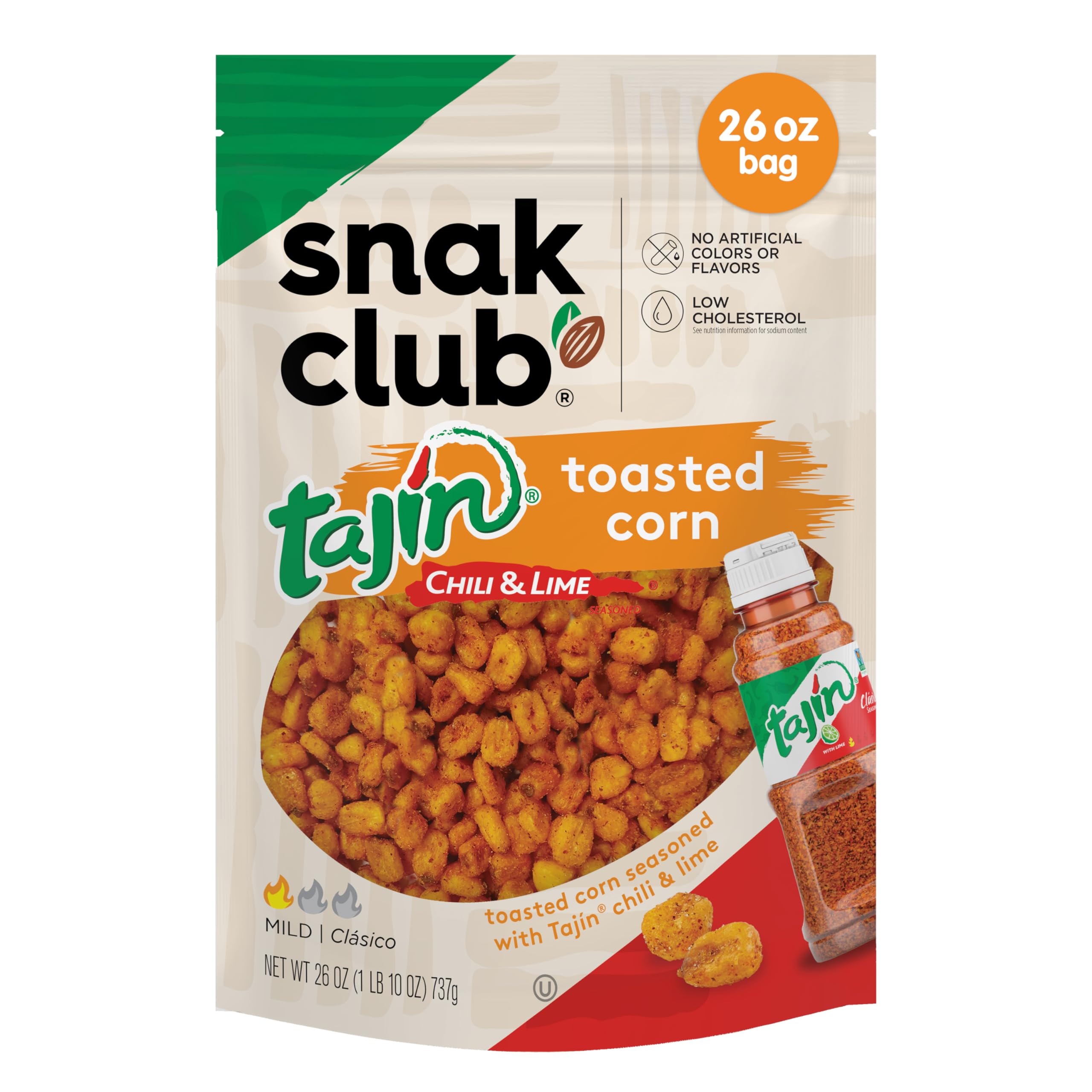 Snak Club Tajin Toasted Corn, Roasted Corn Nuggets with Chili and Lime Seasoning, Mild, Non-GMO, Gluten-Free, Kosher Snack, No Artificial Colors or Flavors, Low Cholesterol, 26 oz Resealable Bag