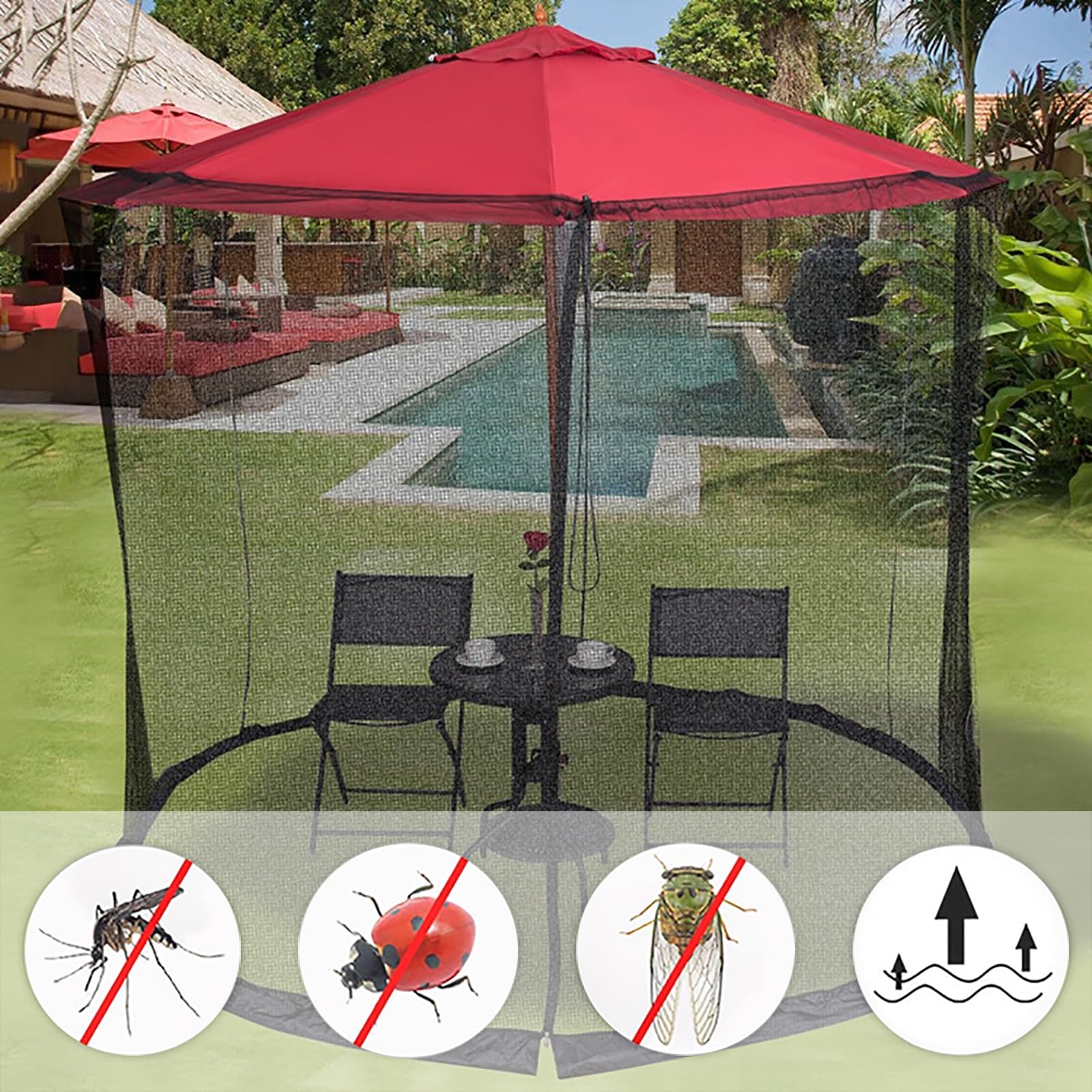 Zewnętrzna siatka przeciwsłoneczna dla 7-10 ft parasola patio, siatka przeciwsłoneczna, lekka trwała regulowana moskitiera z podwójnym zamkiem błyskawicznym, nadaje się do Patio Camping parasola