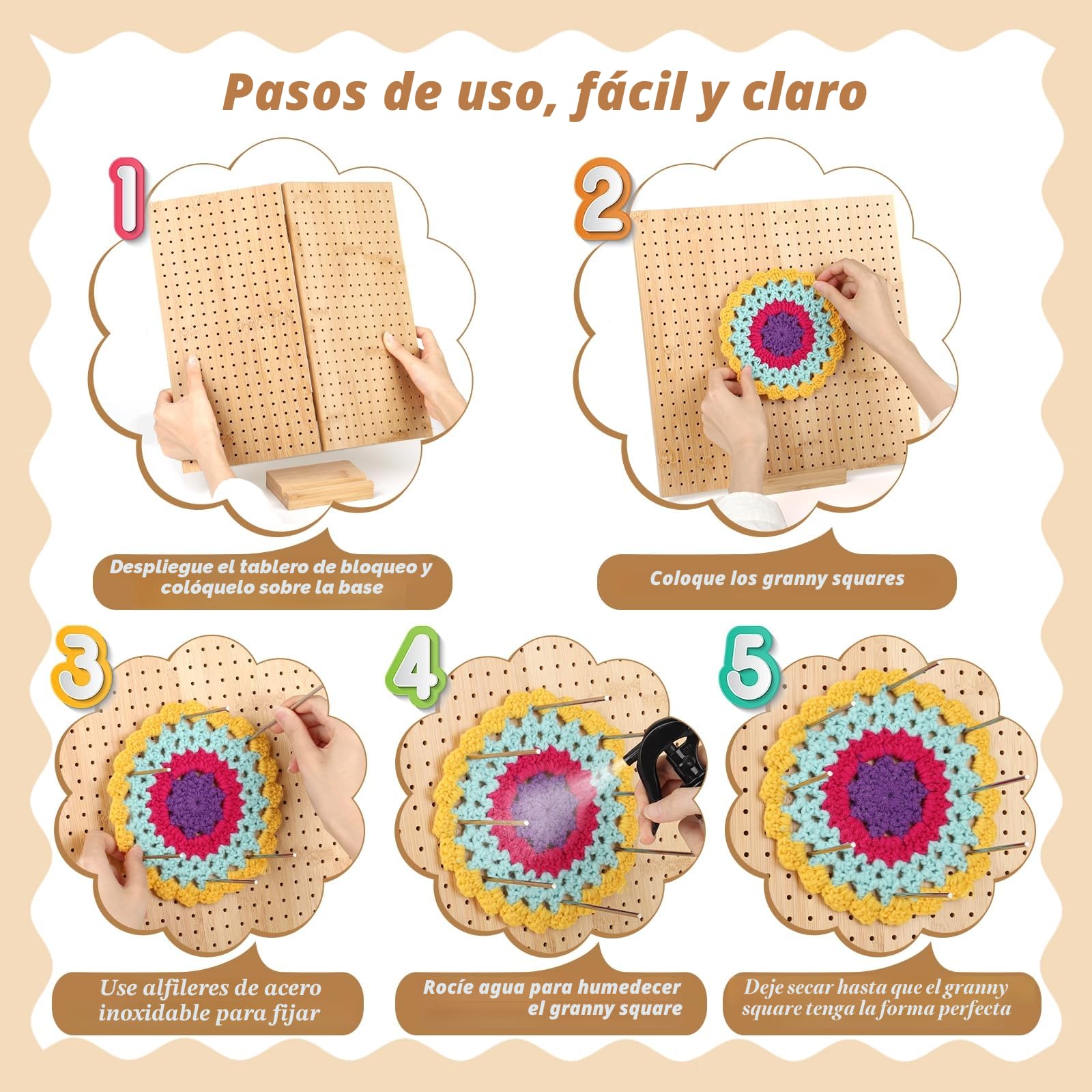 Coopay Granny Square Tensor grande, 33 x 33 cm, tabla de bloqueo de ganchillo, con 30 pasadores de varilla de acero inoxidable, plegable, tabla de sujeción de bambú, para proyectos de punto y