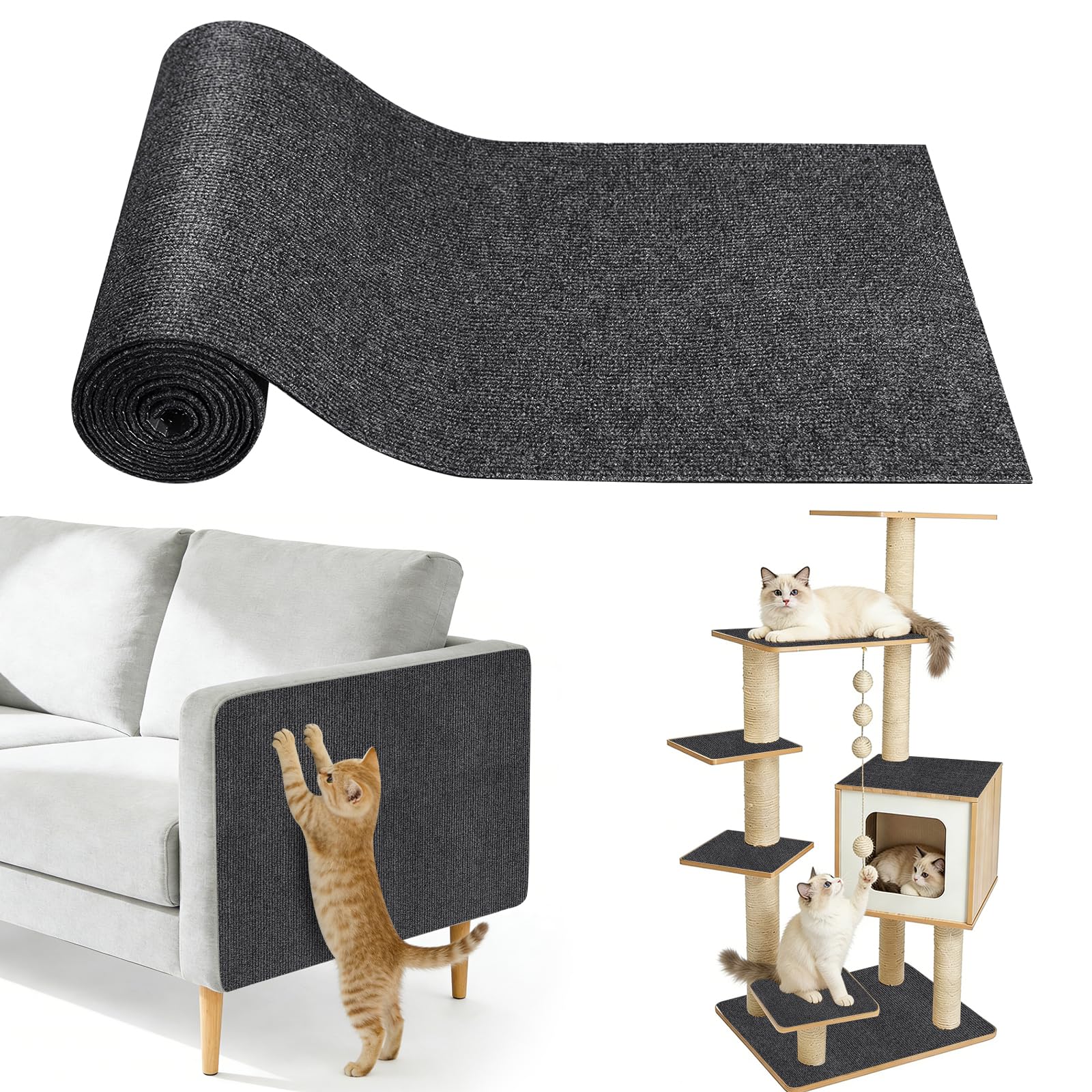 Woobroo Cat Scratching Mat - 300x40CM Self-Adhesive Cat Scratcher Post, Anti Scratch Furniture Protector for Sofa, Wall, Floor, Carpet