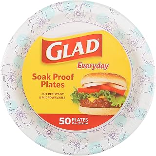 Glad 10 Inch Heavy Duty Disposable Paper Plates Blue Floral Soak Proof Cut Resistant Microwave Safe 50 Count