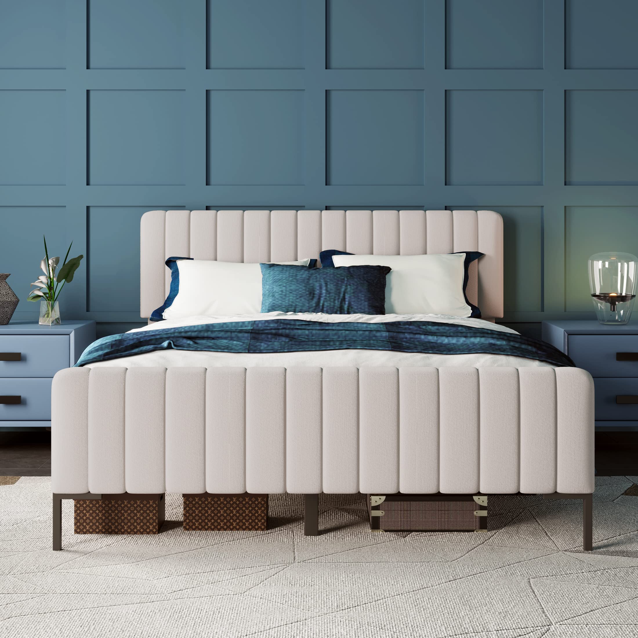 Letto Matrimoniale 180x200 cm con Testiera Regolabile, Letto una piazza e mezza con rete a doghe, Letto imbottito in grigio e beige, Struttura Letto Matrimoniale