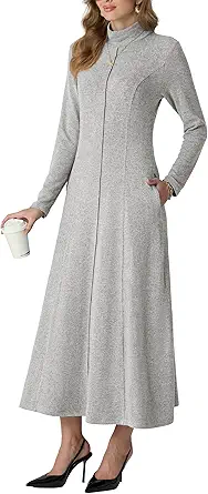 GRECERELLE Women's 2025 Fall Winter Casual Mock Neck Long Sleeve Flared Maxi Sweater Dress with Pockets (XS - 3XL)