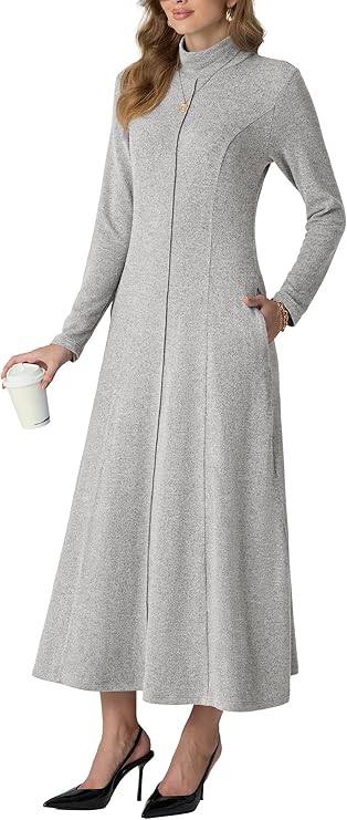 GRECERELLE Women's 2025 Fall Winter Casual Mock Neck Long Sleeve Flared Maxi Sweater Dress with Pockets (XS - 3XL)