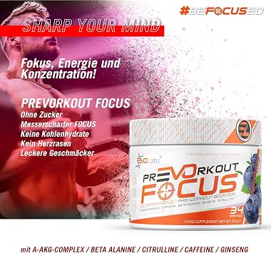 PrEVOrkout Focus Powder 221 g Pre-Workout Booster Pump & Gaming Booster with N-Acetyl-L-Cysteine Beta-Alanine Guarana Taurine & Siberian Ginseng Training Booster (Multivitamin)