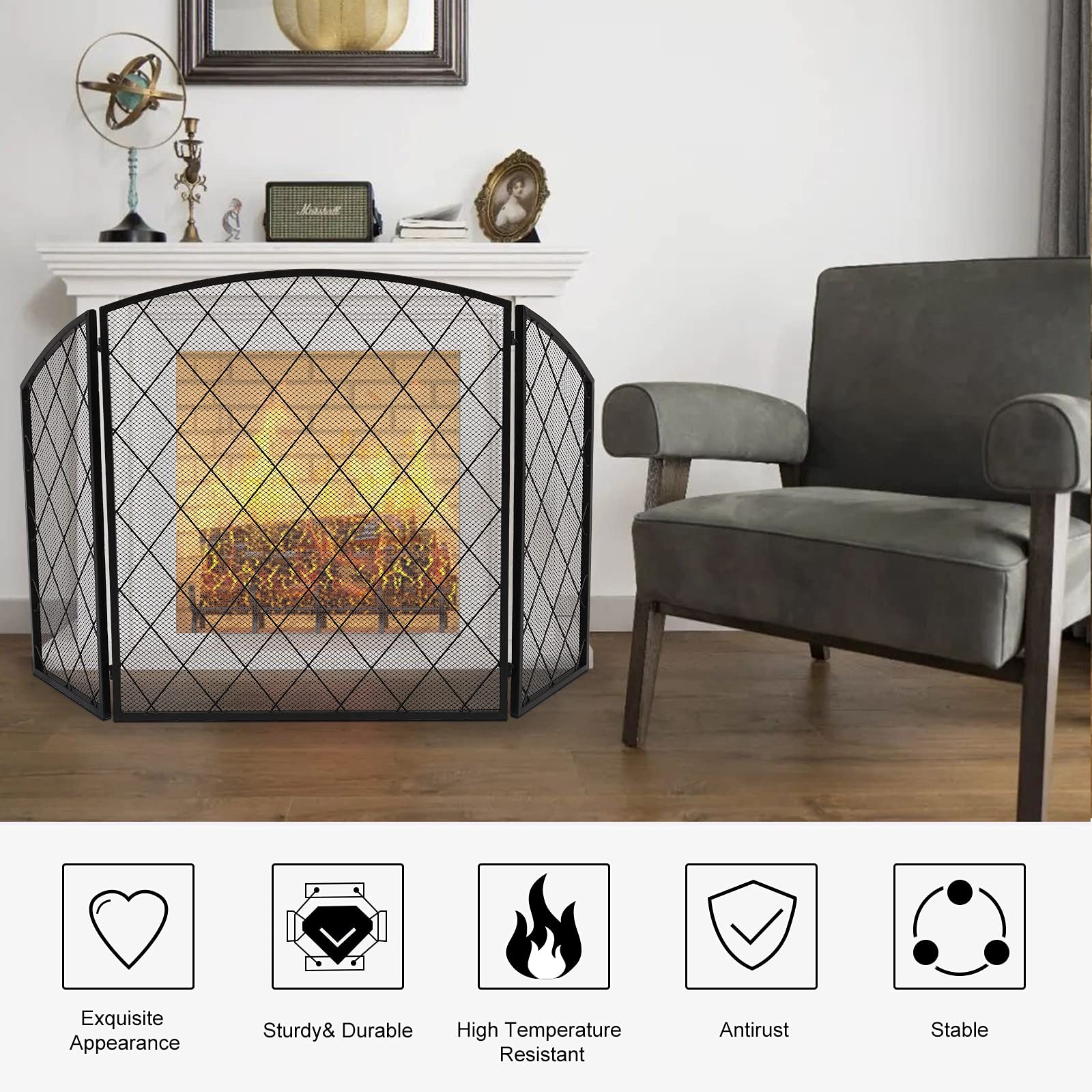 Schermi per Caminetti di Guardia Schermo Camino Tri-Fold Arc Top Thin Line Diamond Grid Decorative Iron 128x77x 1CM.Dimensione dispiegata Accessori per Caminetti in Rete Decorativa