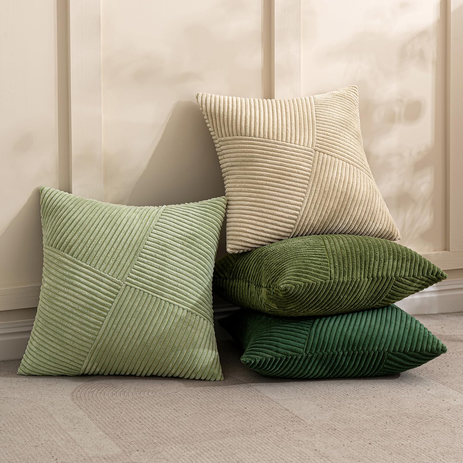 MIULEE Decorative Cushion Covers 40 x 40 cm Sage Green Corduroy Patchwork Design Striped Boho Pillow Cases Square Pillowcases Throw Pillow Covers for Sofa Living Room Bedroom Set of 2 - Image 4