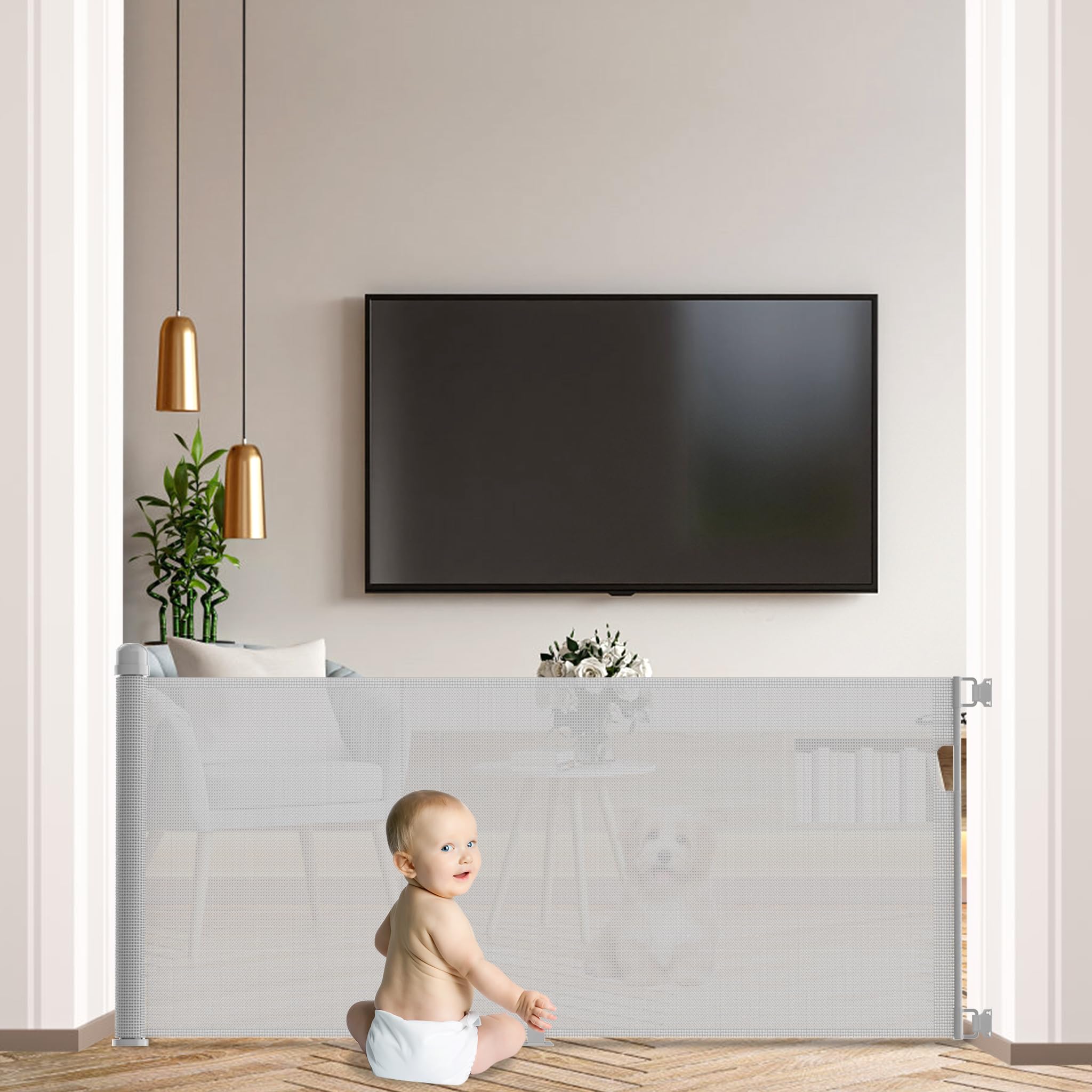 Barrera protectora para escaleras, extensible, 0-300 cm, para bebés, con doble cerradura, estable, barrera para perros, retráctil, para escaleras, puertas, pasillos (gris)