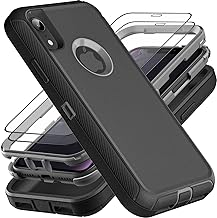 for iPhone XR Case, Military Grade 3 in 1 Heavy Duty Shockproof/Drop Proof/Dust Proof Case with 2Pcs Tempered Glass Screen Protector (Black/Grey)