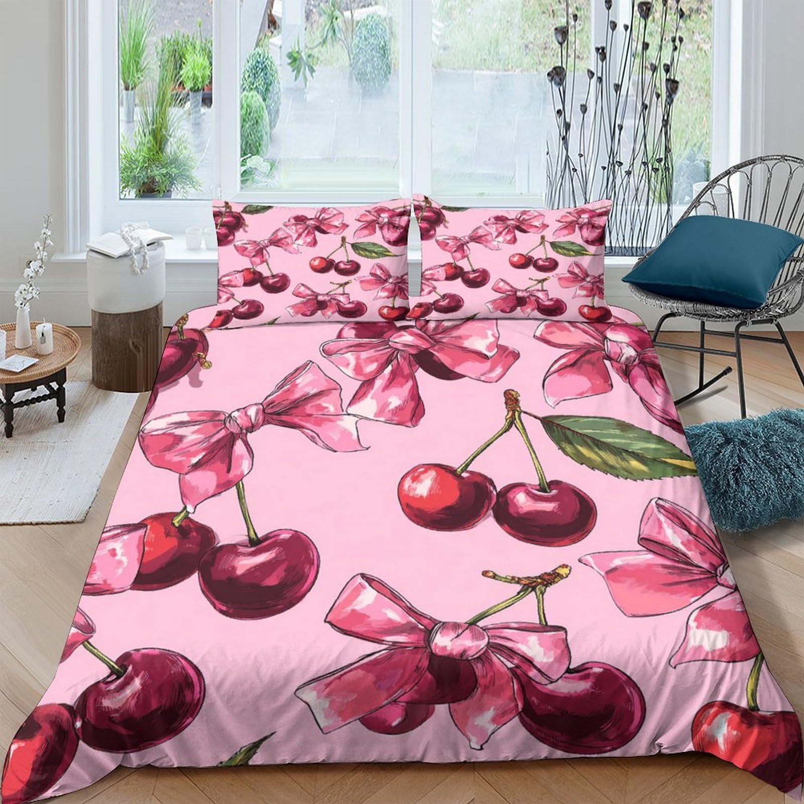 Ctjqhvkz Style-2 3D Printed Cherry Bow Fitted Sheet Microfiber Pink Fruit Bed Cover Anti-Slip Easy Care For Bedroom Dorm Decor Single（135X200cm）