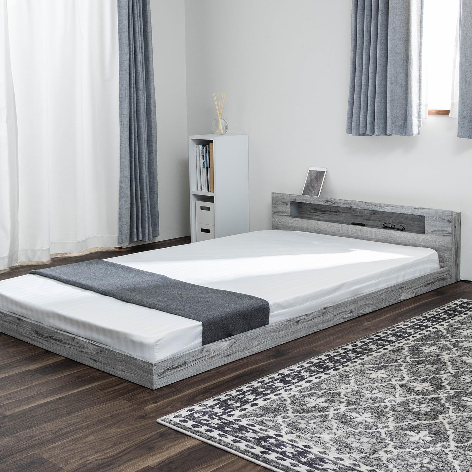 Sanei Corporation Semi-Double Bed Frame, Single Item, Bed Frame with Headboard, Lighting, Outlets, Semi-Double Bed with Headboard, Low Type, Low Bed, Floor Bed, For One Person Living, Stylish