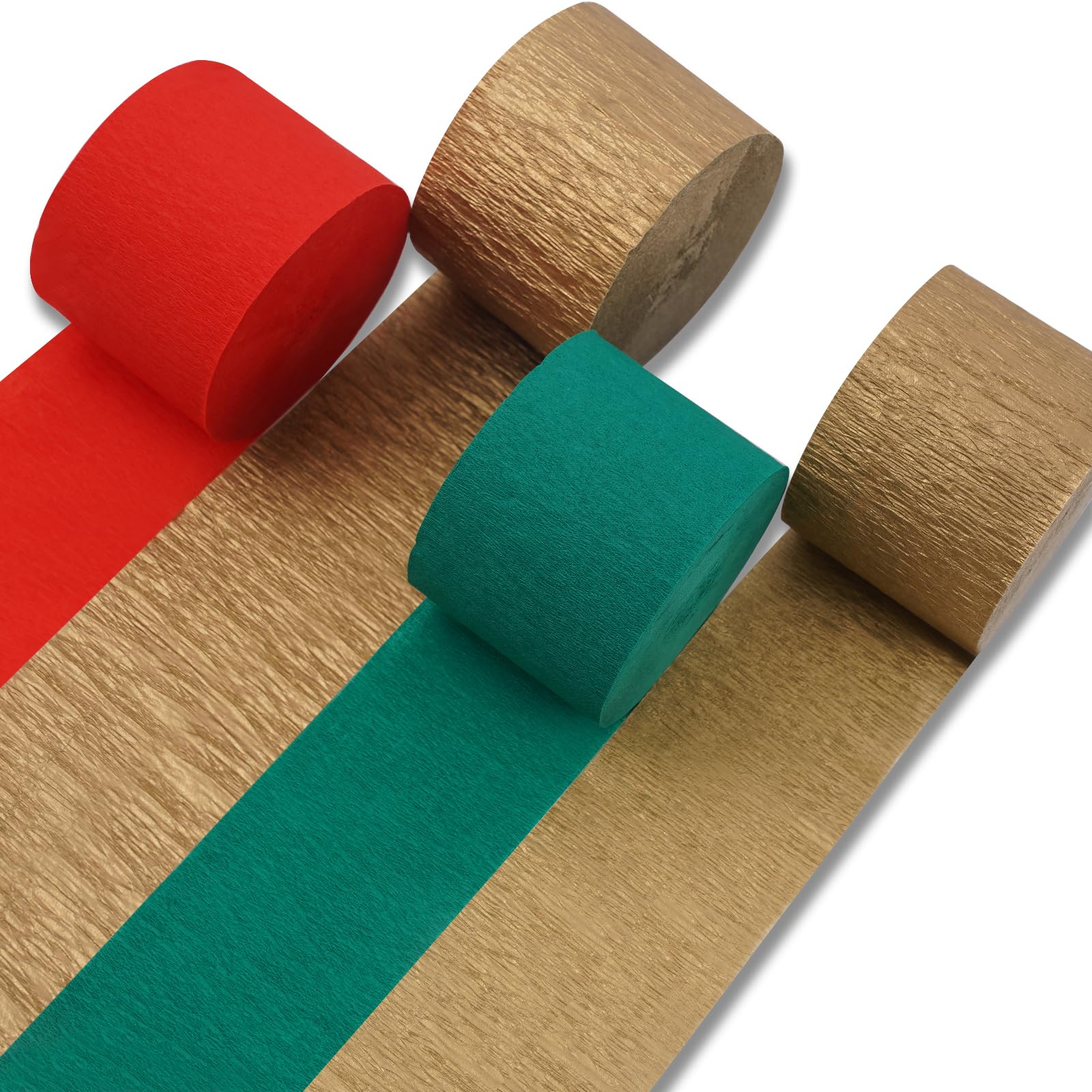 PartyWoo Christmas Crepe Paper Streamers 4 Rolls 328 ft Pack of Red Green Gold Crepe Paper for Graduation Christmas Birthday Party Decorations (1.8 Inch x 82 Ft/Roll)