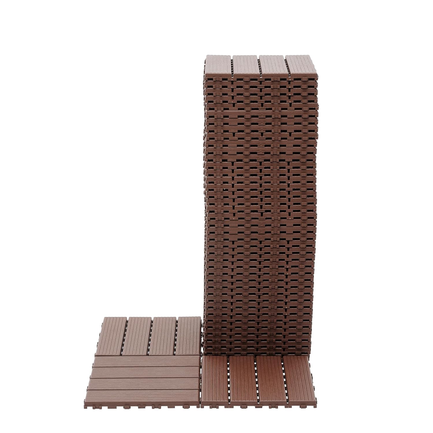 Interlocking Plastic Deck Tiles -44-PC Set, Suitable for DIY Gardens, Swimming Pools, and Terrace Flooring - Weatherproof Brown with Drainage Holes